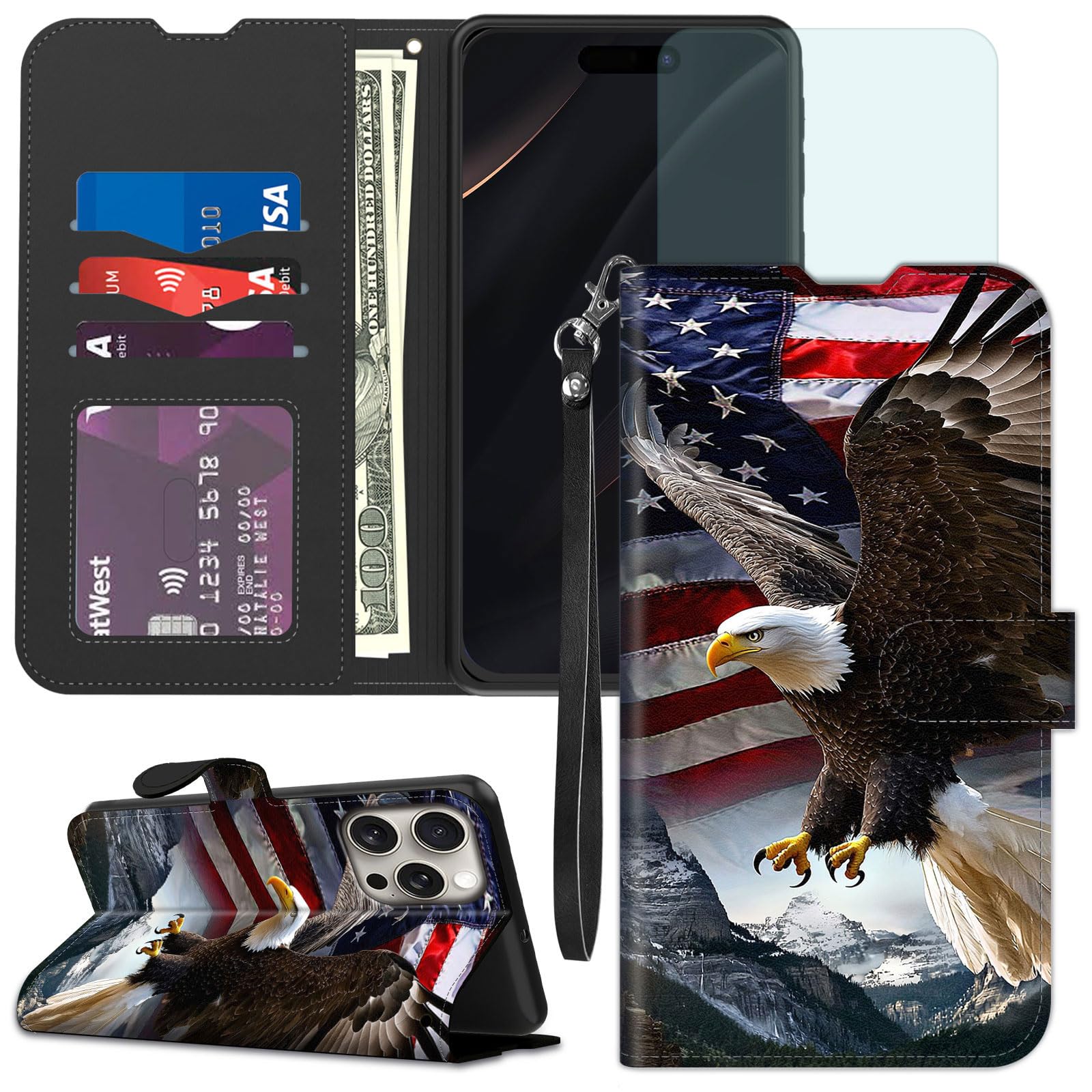 Qindaiwen for iPhone 16 Pro Max Wallet case with RFID Blocking Credit Card Holder Kickstand, Folio Flip PU Leather Shockproof Protective Cover for 16