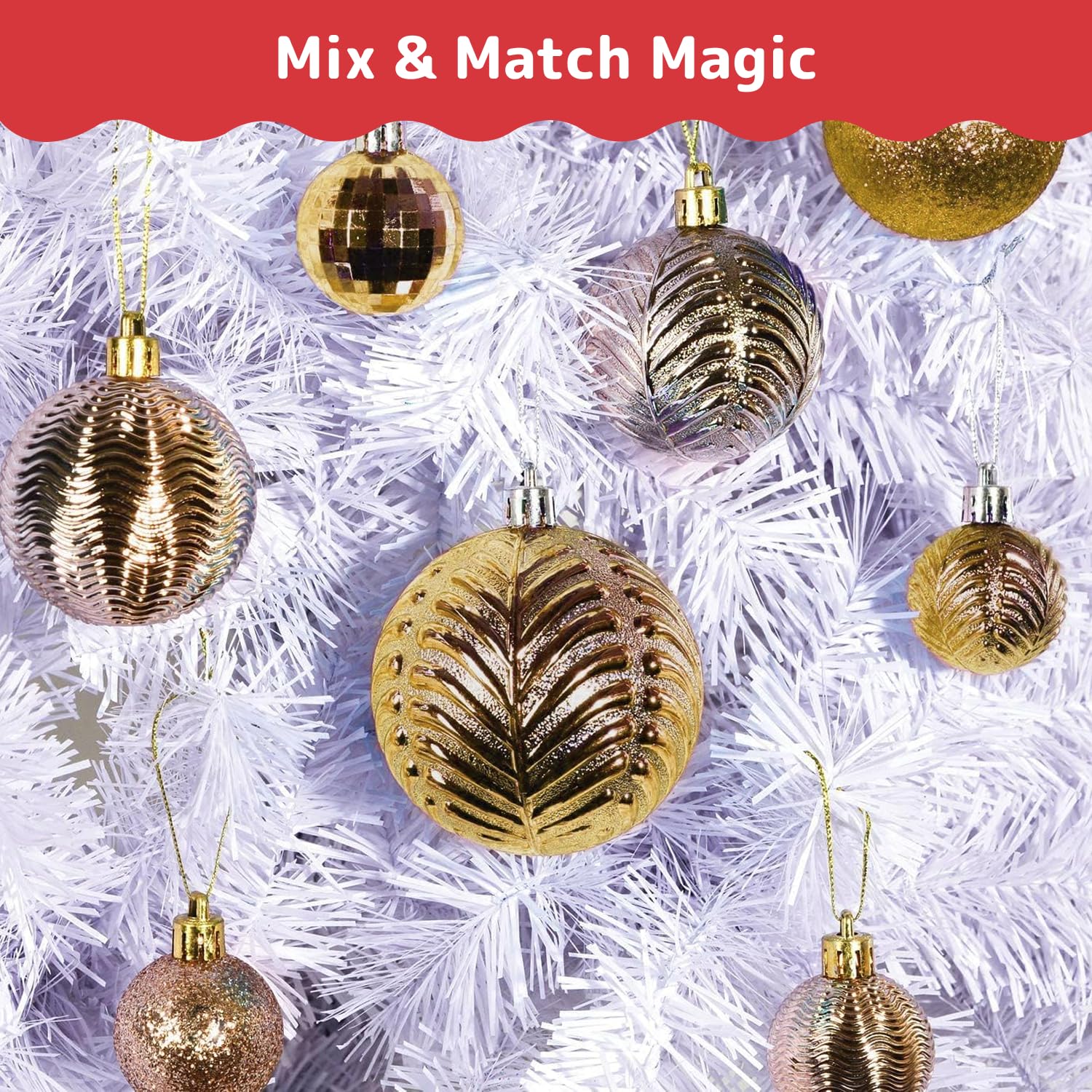 Prextex Boules de Noël Dorées pour Les Décorations de Noël - 36 Boules Noël Incassables avec Fil de Suspension pour la Décoration des Fêtes - Boules de Noël Dorées (Combo de 6 Styles en 3 Tailles)