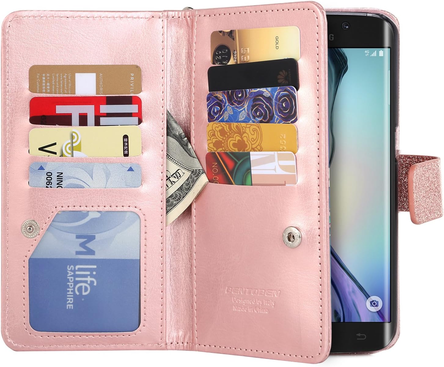 BENTOBEN S6 Edge Case, Samsung Galaxy S6 Edge Wallet Case, Magnet Wallet Credit Card Holder Flip Cover Bling Case Built-in 9 Card Slots Case for Samsung Galaxy S6 Edge,Rose Gold