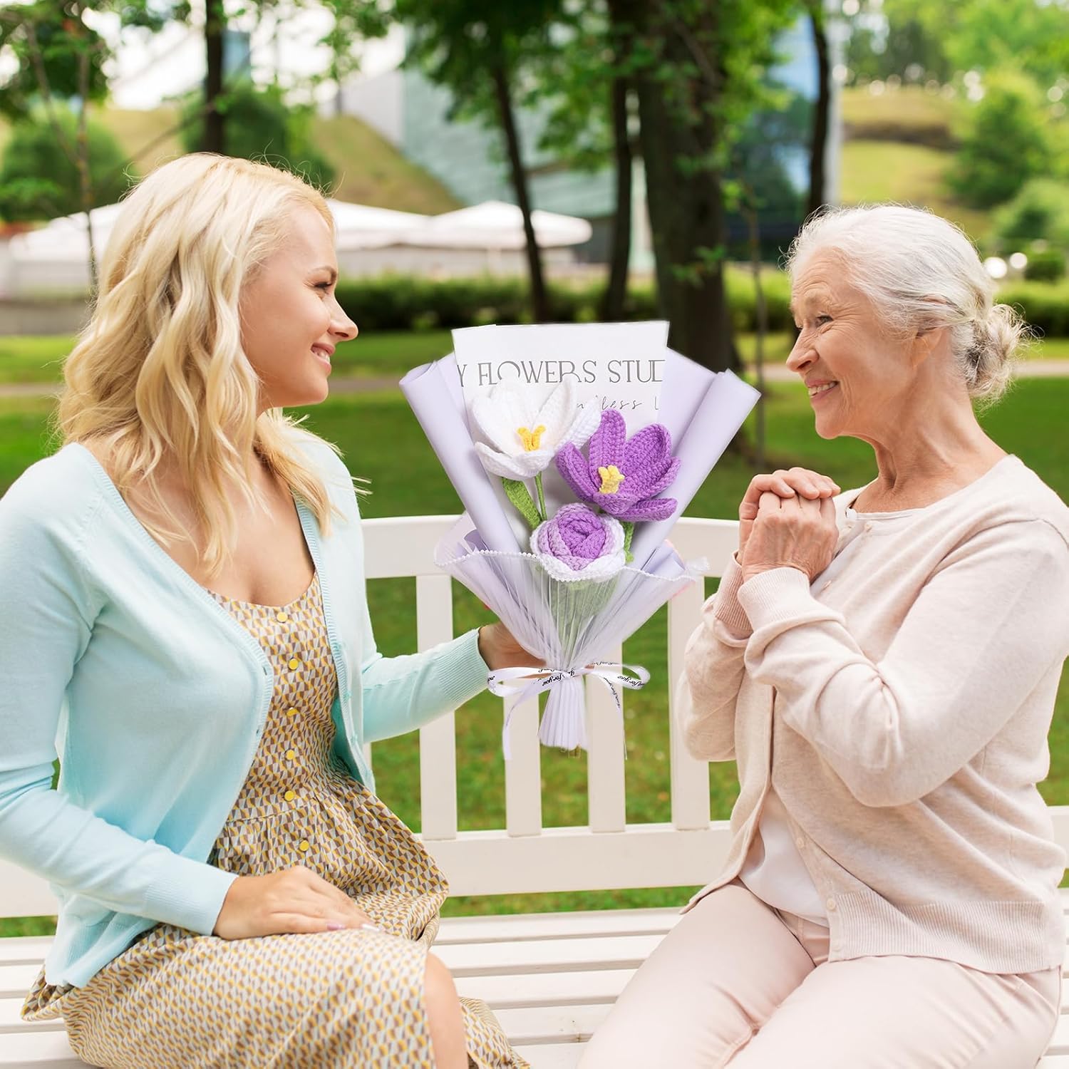 Crochet Flower Bouquet, Crochet Flowers, Handmade Knitted Bouquet, Purple Roses, WhiteTulip, Purple Tulip for Valentine's Day, Mother's Day, Birthday (Purple) - Image 3