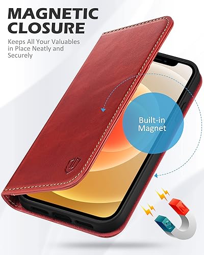 Miniatura 4 de SHIELDON Funda tipo cartera para iPhone 12 Pro de 6.1 pulgadas, piel auténtica para iPhone 12, función atril y bloqueo RFID, ranuras para tarjetas