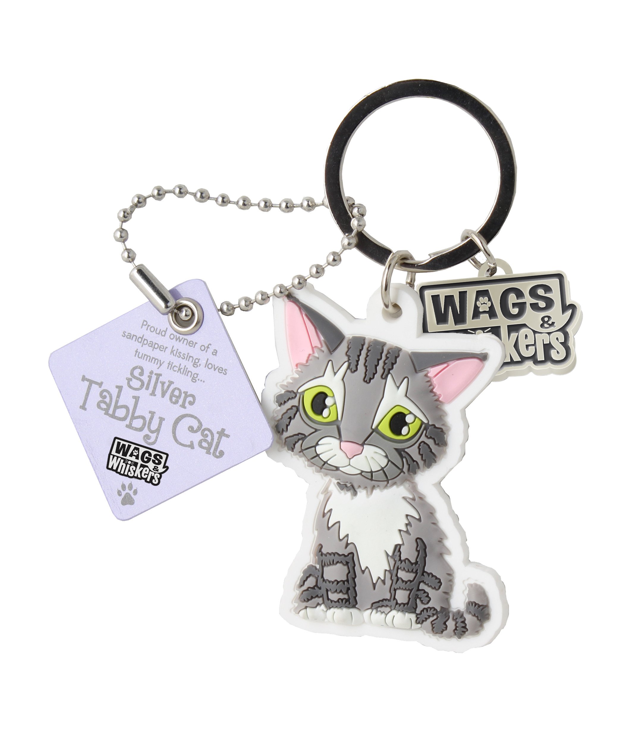 Wags And Whiskers Silver Tabby Cat Tickling Key Chain Keyring - Main Image