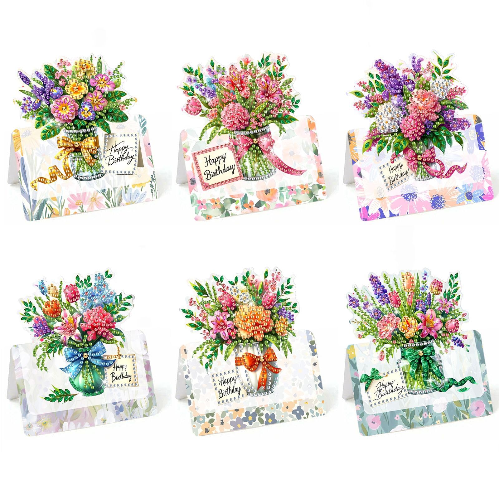 Lebartm 6Pcs 3D Folding Happy Birthday Greeting Card DIY Diamond Art Painting Foldable Thank You Cards with White Envelopes Blessing Greeting Card Set for Festival Holiday-Bouquet