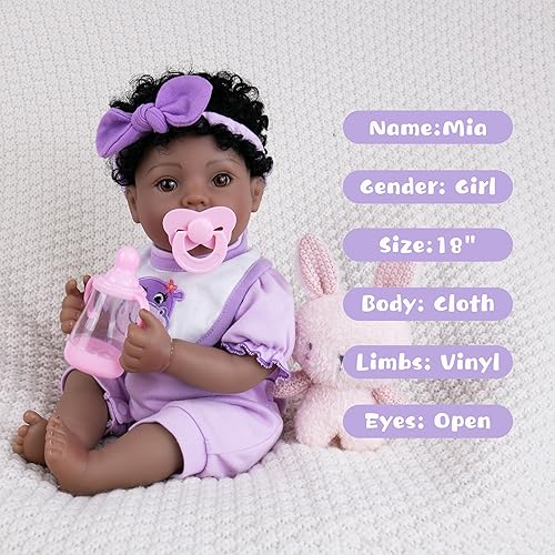 Miniatura 6 de Muñeca Reborn de 18 pulgadas, muñecas de bebé realistas africanas americanas, cuerpo de tela suave, muñecas de bebé recién nacidas con ropa y