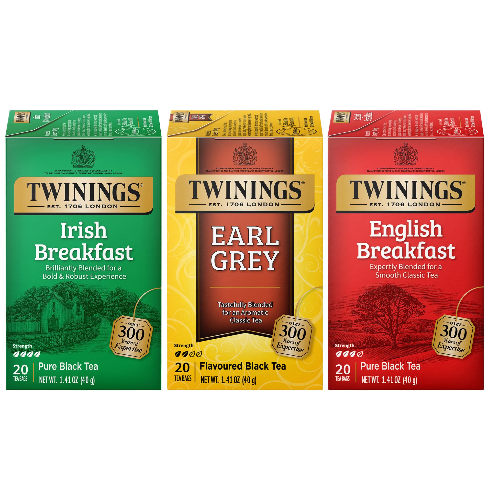 Black Tea Variety 3-Pack – Earl Grey, English Breakfast, and Irish Breakfast Tea Bags, Caffeinated, 20 Count Each