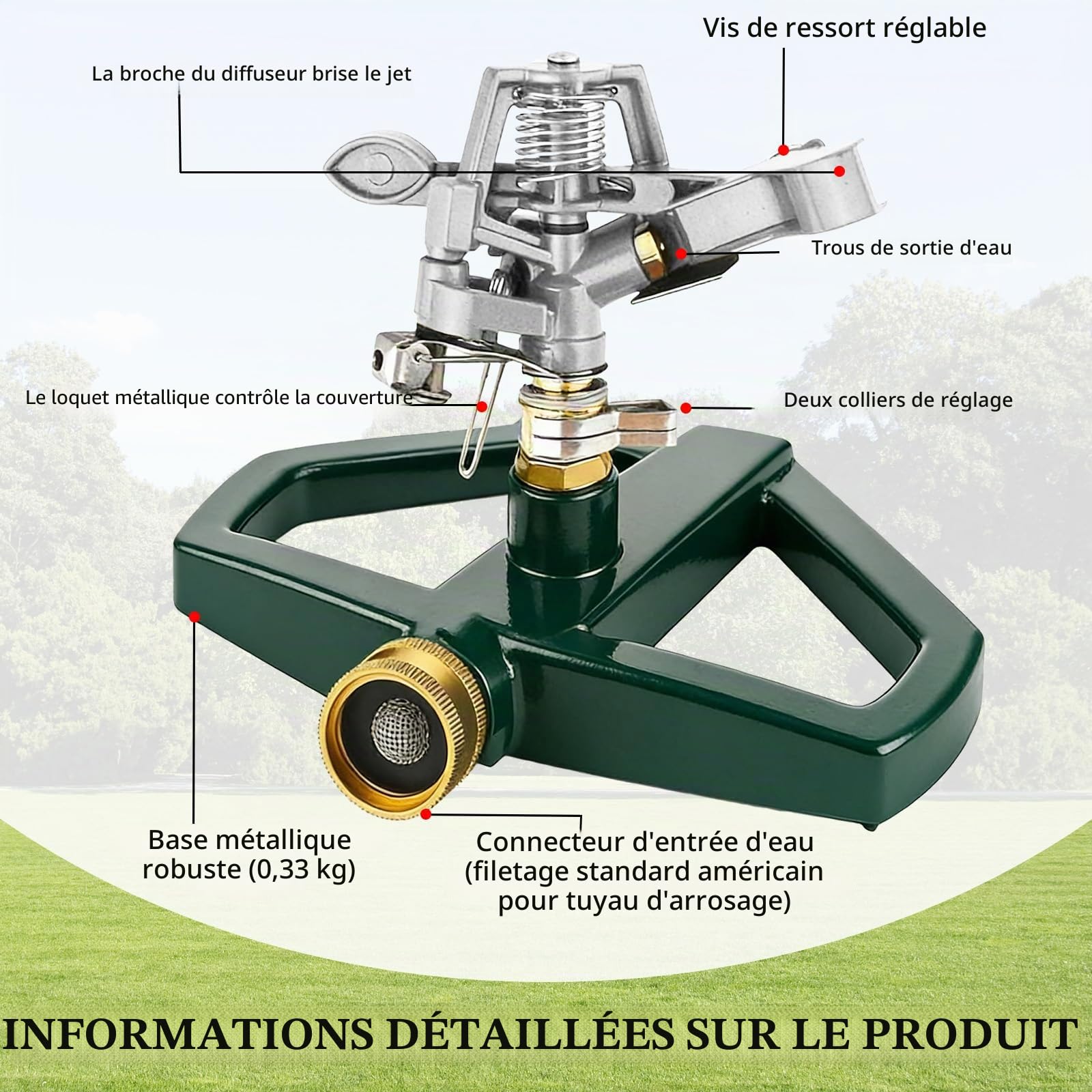 Arroseur Jardin avec Base Métallique, Arroseur Rotatif Automatique à 360°, Arroseur à Impulsions pour Grandes Surfaces, Asperseur Arrosage pour Pelouse, Cour et Arrosage de l'herbe (Argenté)