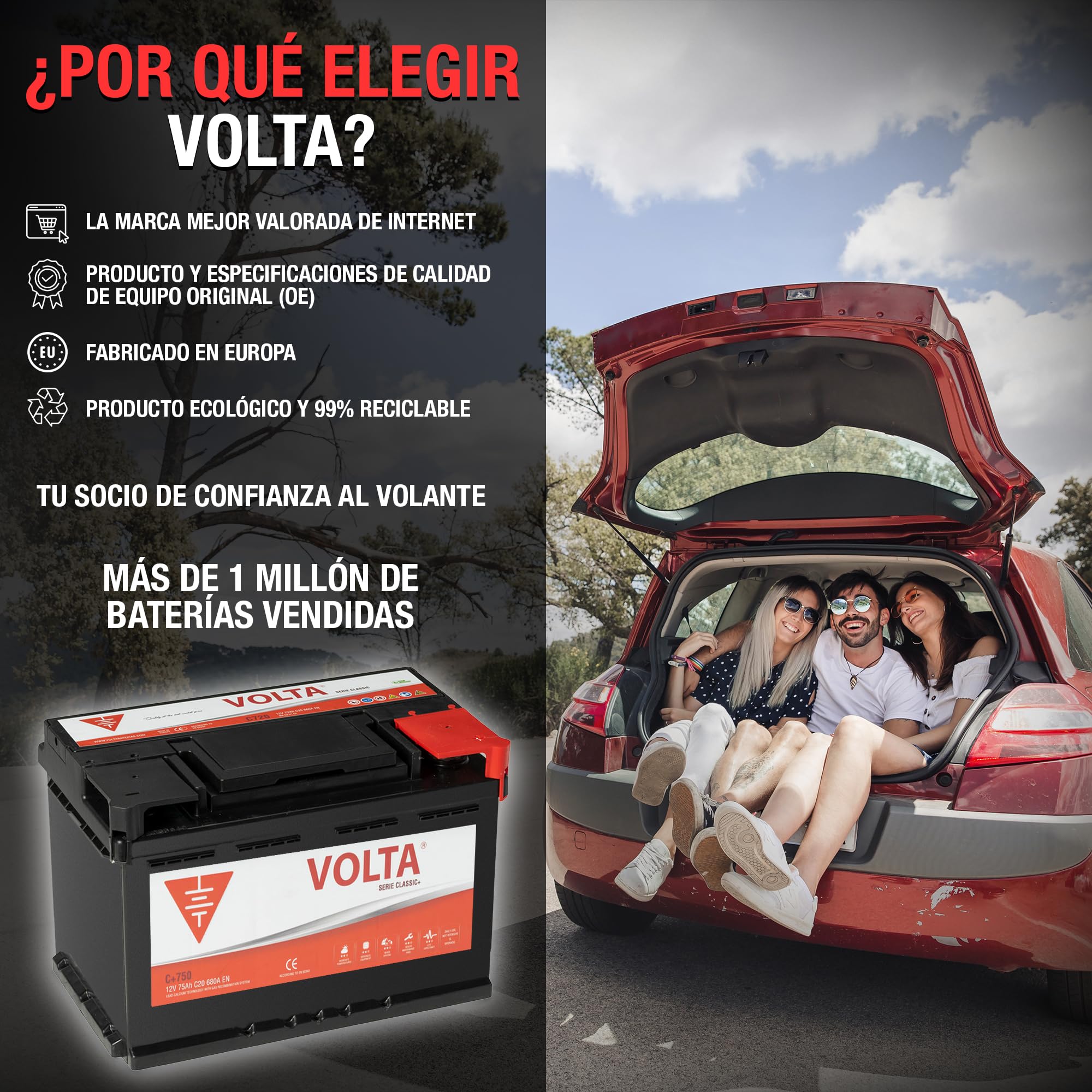 Bateria de Coche Classic + 75Ah 680A - Borne +Dcha - Medidas Largo 278 x Ancho 175 x Alto 175 mm con 2 años de Garantía - Fabricación Europea.
