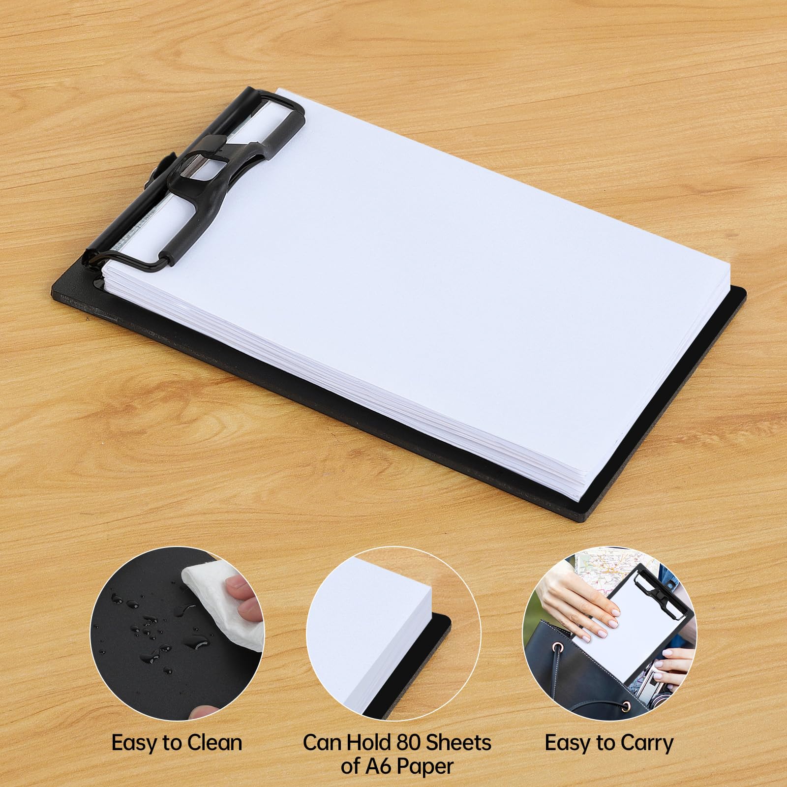FRETONBA Portapapeles A6 Mini, 2 Piezas Carpeta Portadocumentos con Pinza y Lazo para Colgar Retráctil, Porta Documentos para Guardar Papel, Clipboard para Oficina, Restaurante, Aula, Negro