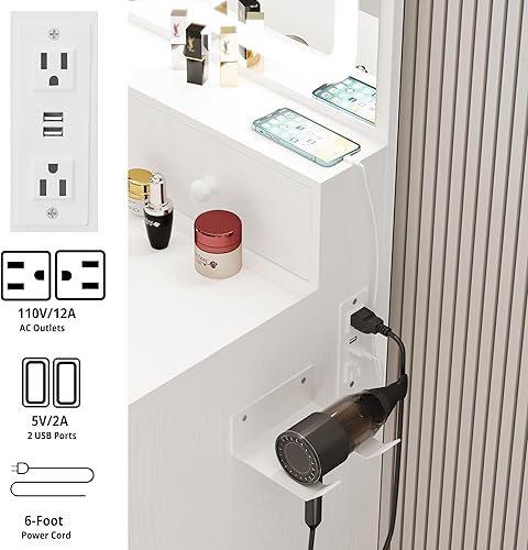 Miniatura 5 de LIKIMIO Escritorio de tocador con espejo iluminado LED, toma de corriente y 4 cajones, juego de mesa de maquillaje con taburete de almacenamiento y