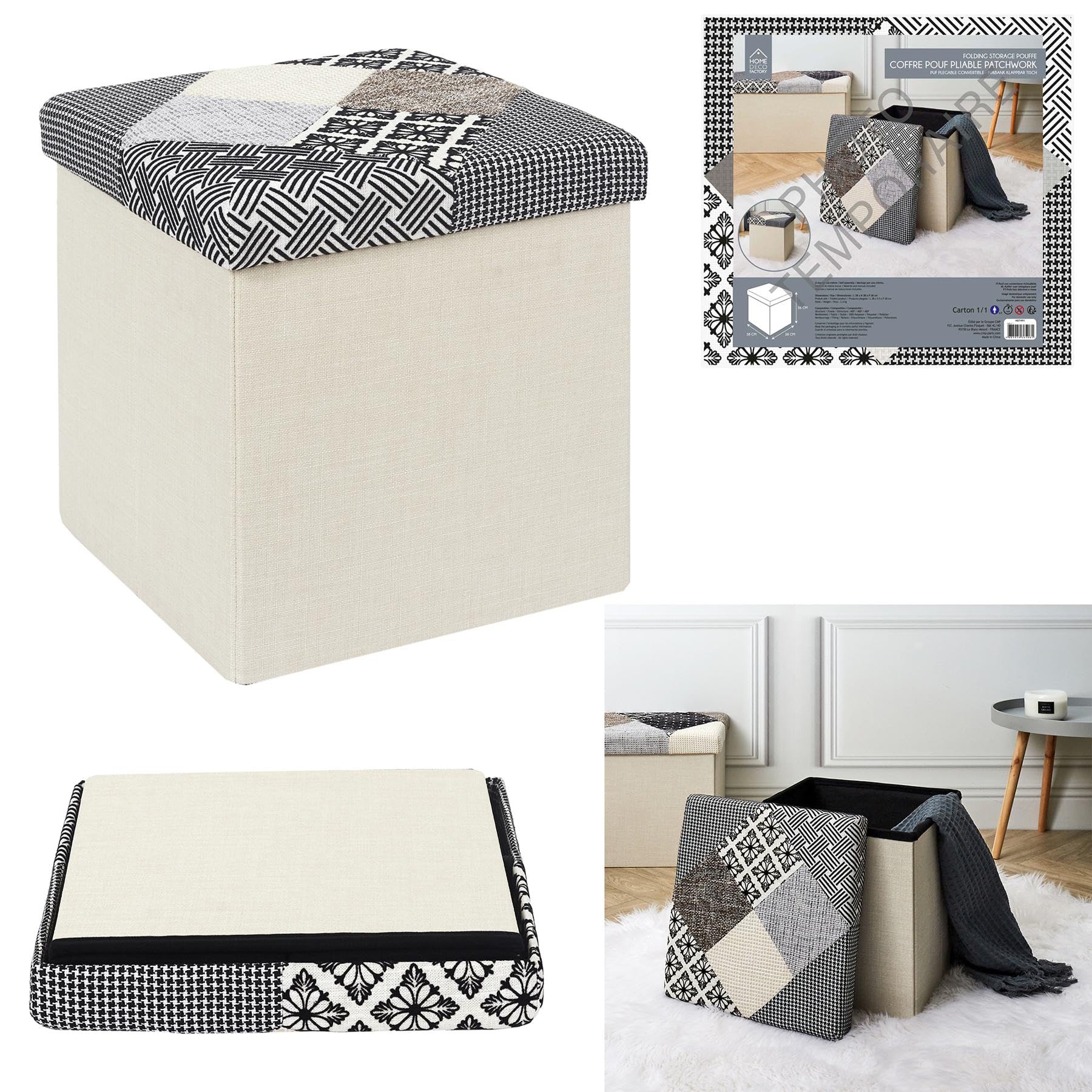 HOME DECO FACTORY HD7491 Pouf Patchwork Mobili Seduta Baule Panca Pieghevole Entree Soggiorno Camera Da Pranzo, Grigio, Bianco, Nero, Beige, 38x38x38 cm