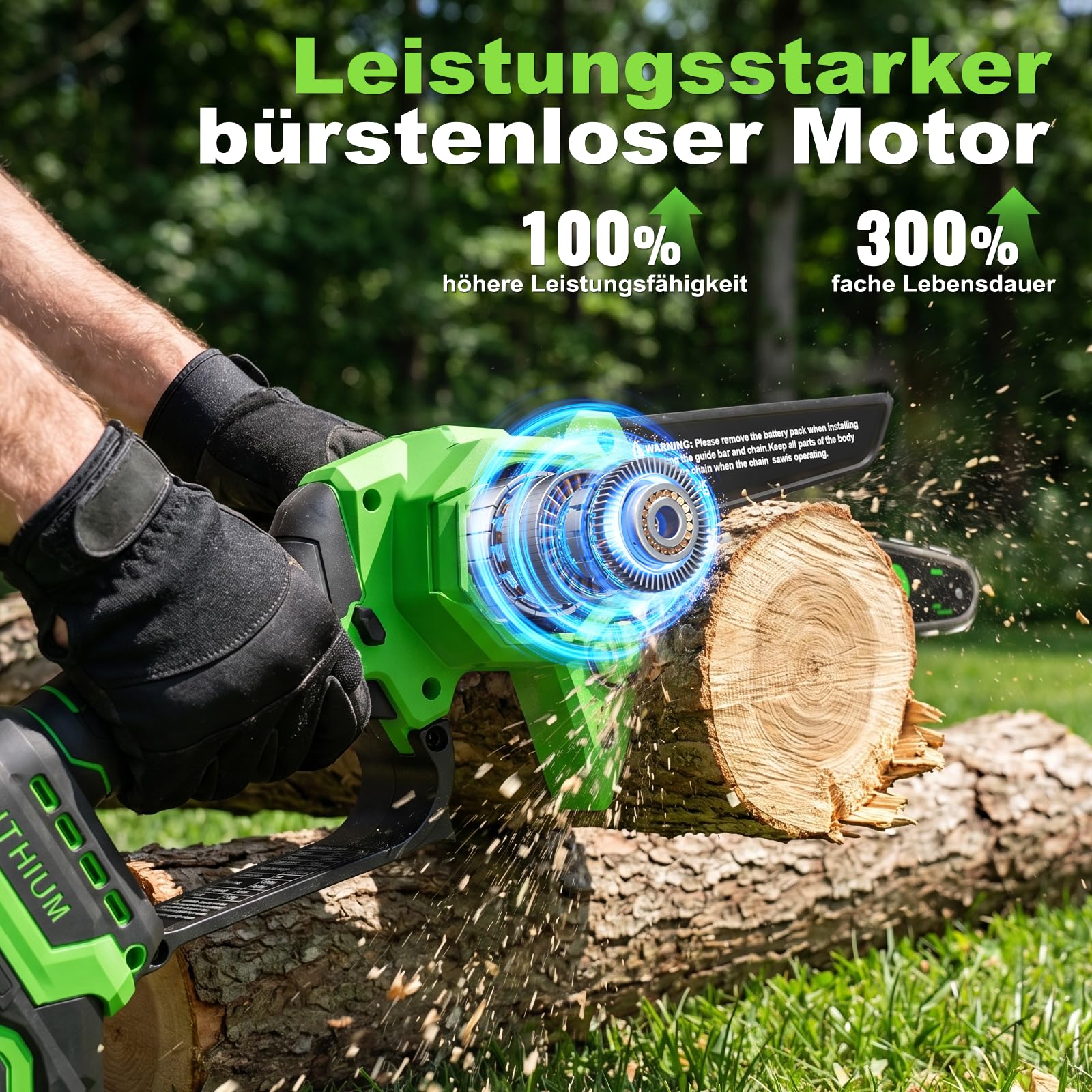 Mini 8-Zoll Akku-Kettensäge, 2 Akkus & Ladegerät, Bürstenlose Elektro Astsäge mit Automatischem Öler, Gartengerät zum Beschneiden von Holz und Bäumen