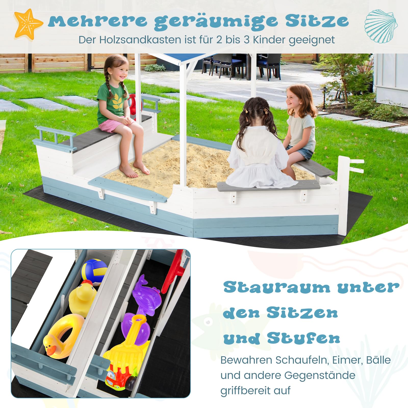GOPLUS Sandkasten mit Abdeckung, Sandkasten Holz Schiffsförmig mit schrägem Dach, Einlage, Mehreren Sitzen und großem Stauraum, Sandbox Outdoor für Garten, Sandkiste für Kinder ab 3 Jahre