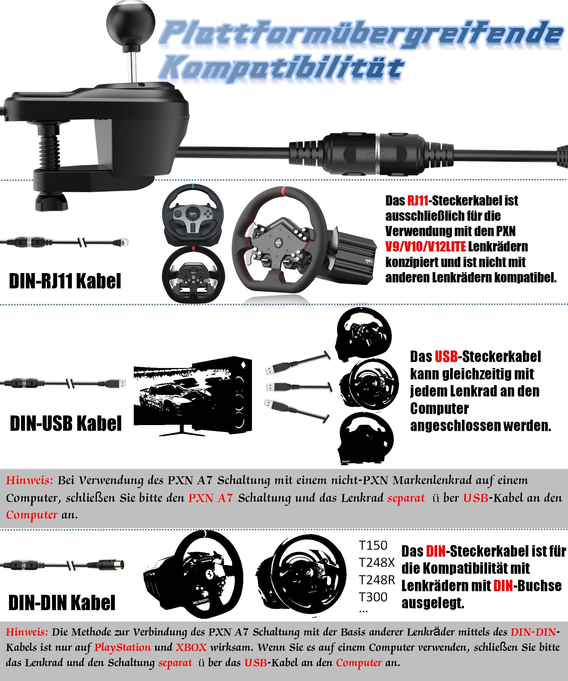 PXN A7 Schaltung, Gaming Lenkrad Schalthebel - Universal Shifter PC, 6+R Gängen, 3 Kabeln (USB, RJ11, DIN), P-Bremse und Hoch-Niedriggeschwindigkeits-Tasten - Gangschaltung für PC
