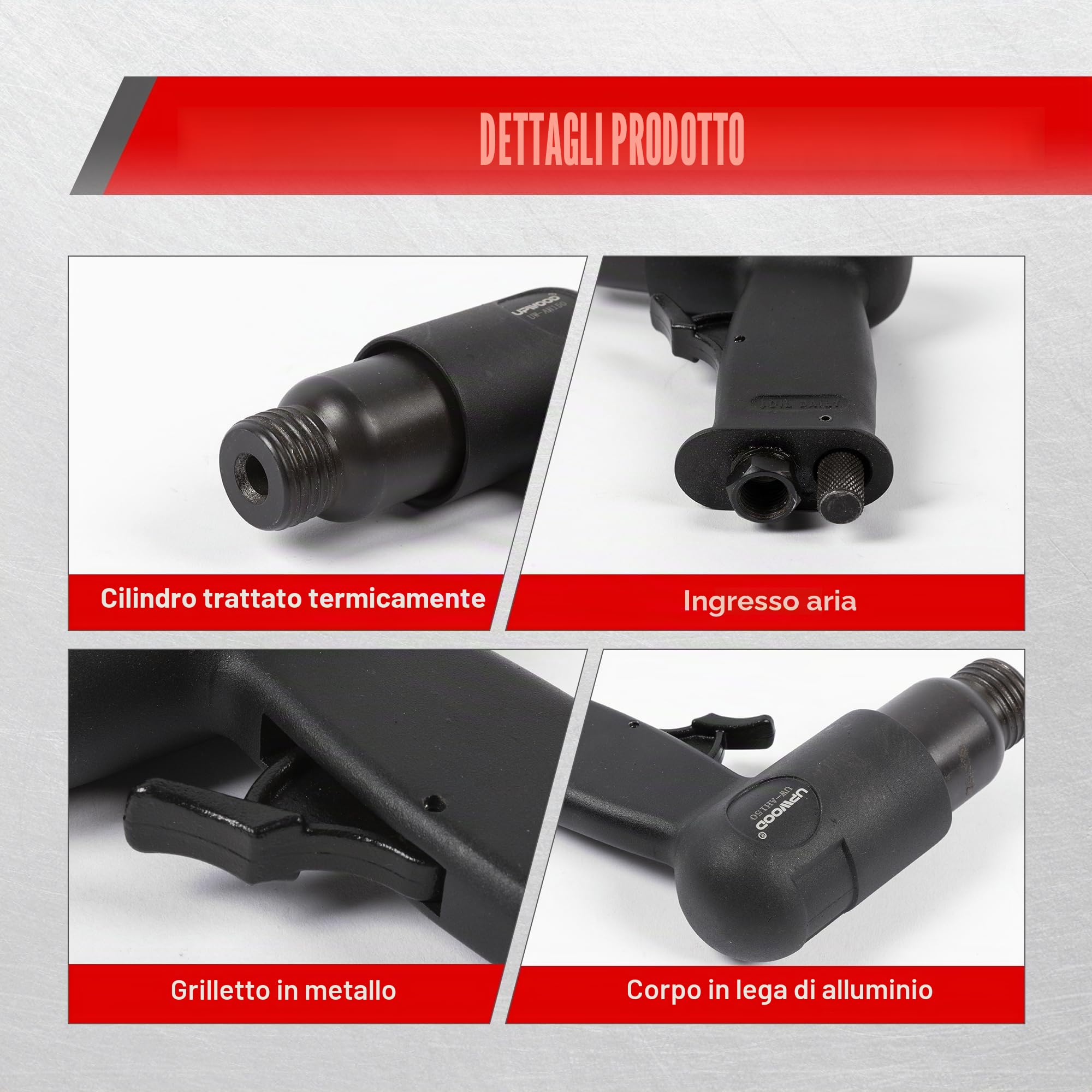 UW-AH150 Kit di martello pneumatico a canna corta con fermo a cambio rapido e 4 scalpelli, corsa 1-5/8 di pollice, 4500 BPM, peso ridotto