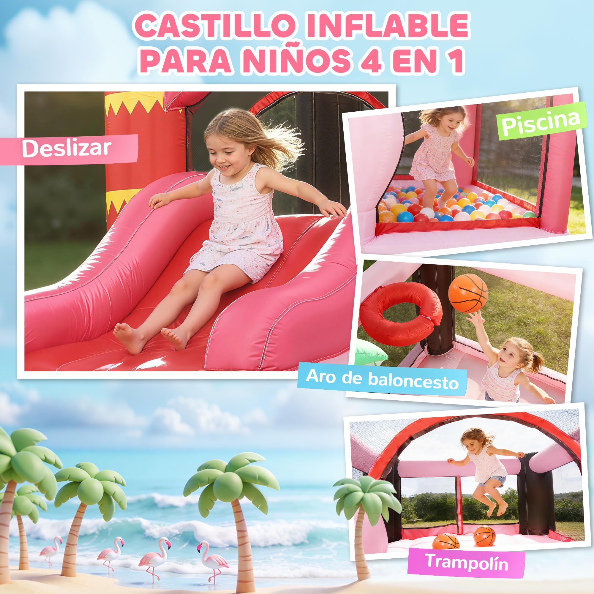 AIYAPLAY Castillo Hinchable para Niños con Soplador, Castillo Hinchable con Tobogán, Cama Elástica, Piscina de Pelotas, Canasta de Baloncesto, Diseño de Flamenco, Interior y Exterior, 255x230x196 cm