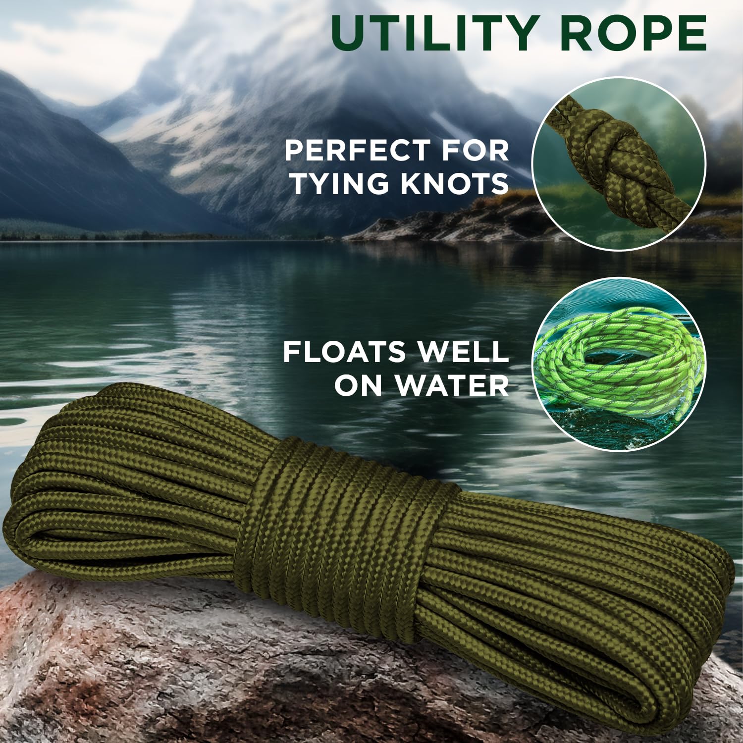 TECEUM Rope – 90 Feet x 1/4 Inch (7mm) – Army Green – Strong All-Purpose Utility Rope – Camping, Crafting, Flag Pole, Indoor & Outdoor – Polypropylene Nylon Poly Lightweight Diamond Braided Cord - 4