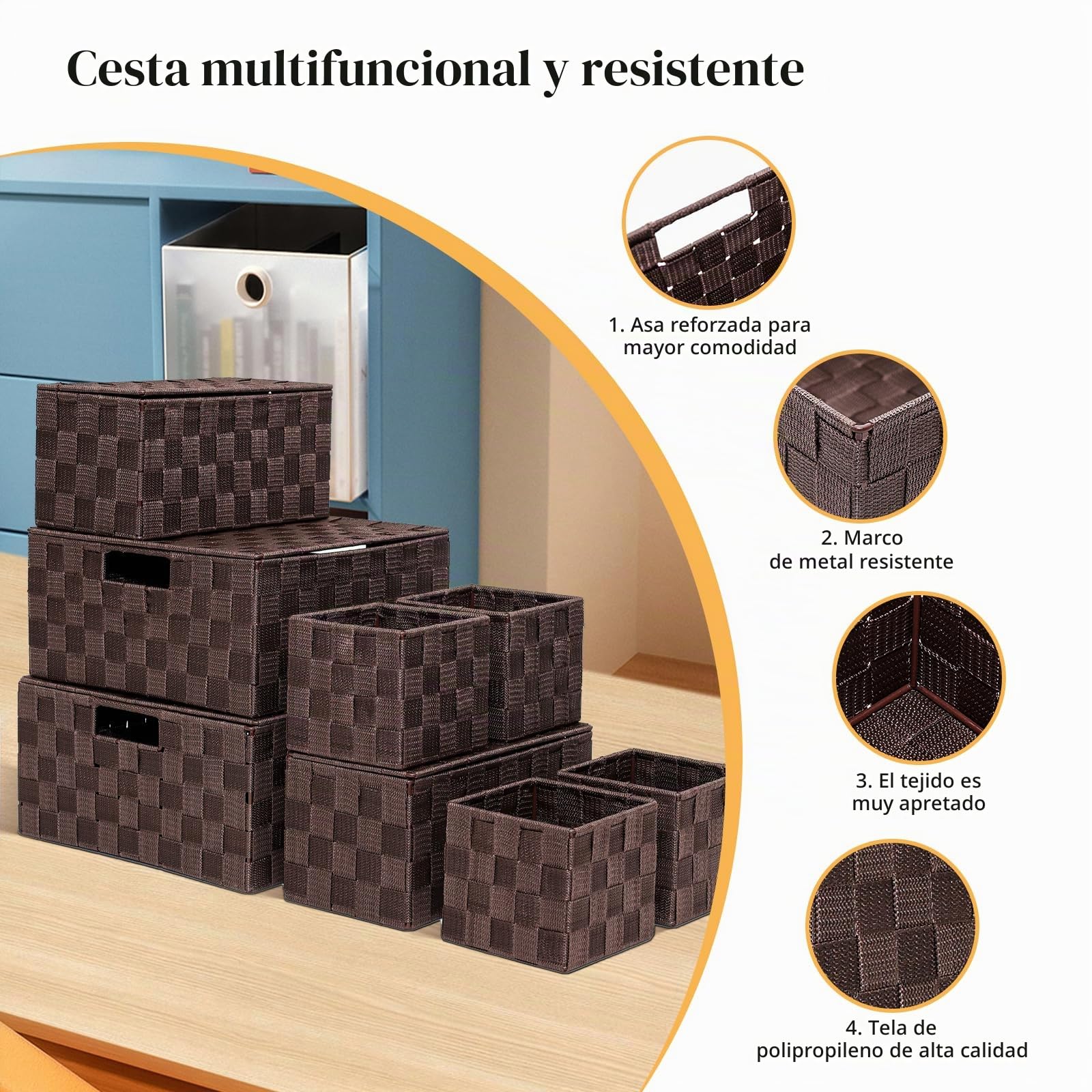 Lote de 8 Cajas de Almacenaje, Cesta para El Baño, Cestas de Polipropileno Tejido, Varios Tamaños, 4 con Tapa 4 sin Tapa, Moderna Caja de Almacenaje para Armarios, Tocadores (Marrón)
