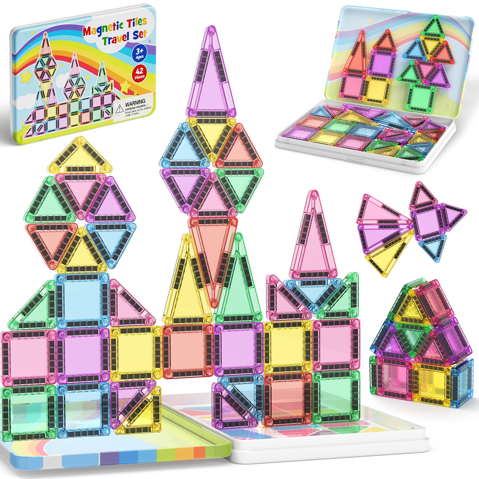 Magnetic Tiles Travel Toys for Kids 4-8, 42PCS Candy Color STEM Building Blocks with Visual Storage Guide & Metal Case, Airplane Activities & Toddler Travel Essentials Ages 3-5