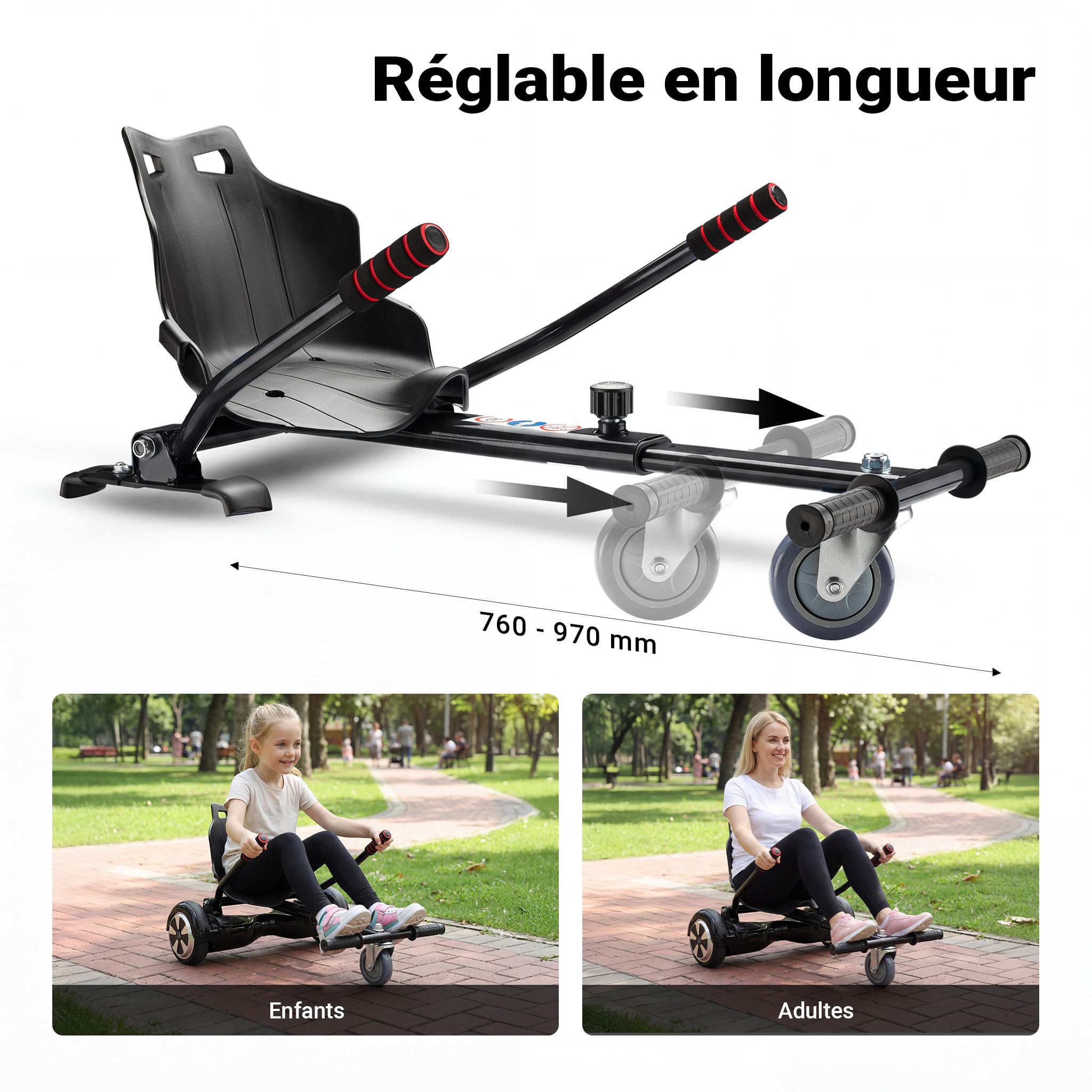 Wiltec Siège de Balance Scooter – Noir – capacité de 120 kg max. – avec Roulette et Poignées – ajustable pour Adultes et Enfants – Siège de Kart Elektroscooter compatible avec Hoverboard
