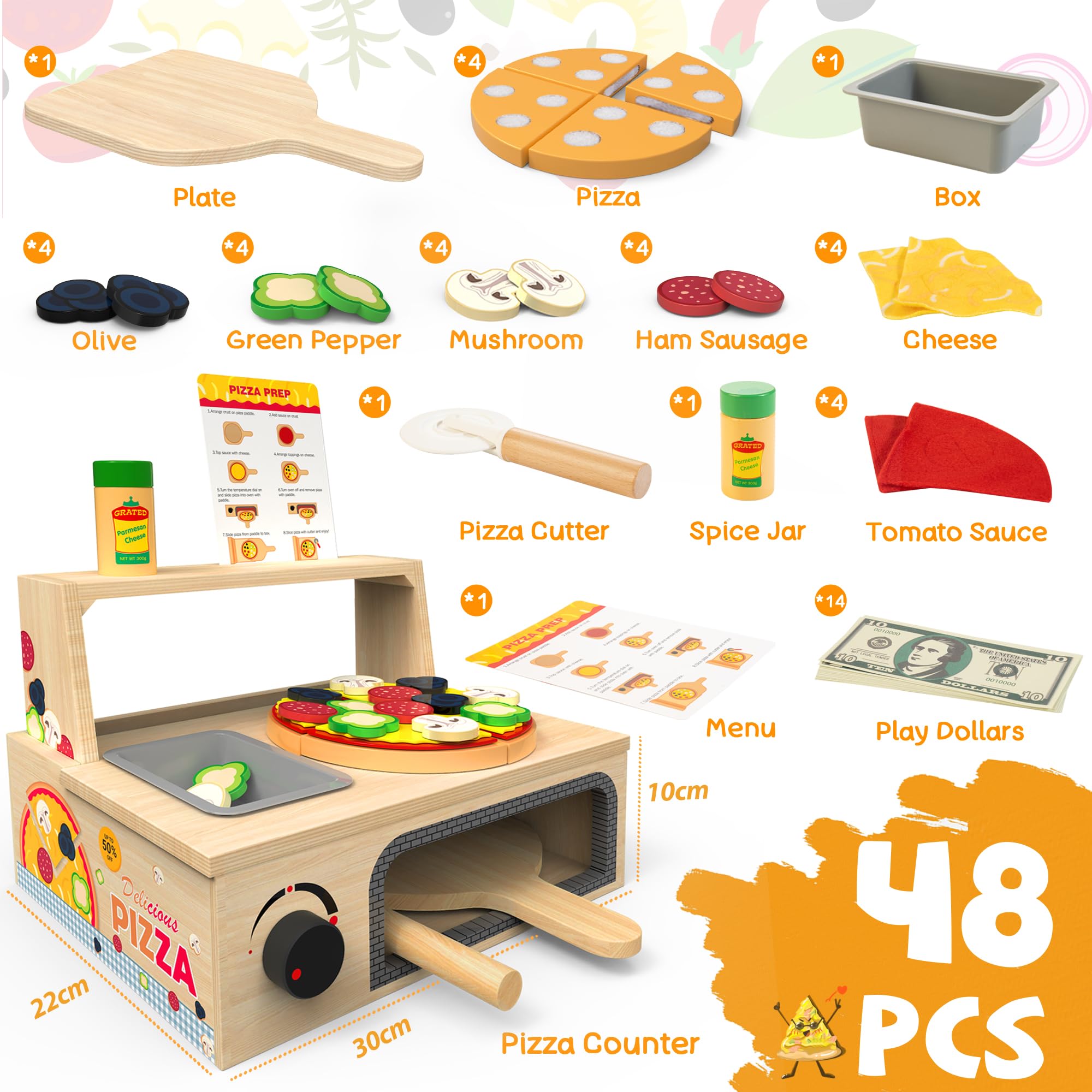 Juguete de Pizza de Madera - 48 Piezas Montessori Comida de Juego de Simulación para Edades 3+, Juego de Juguete de Aprendizaje Educativo con Horno de Horneado, Regalo de Cumpleaños de Navidad para