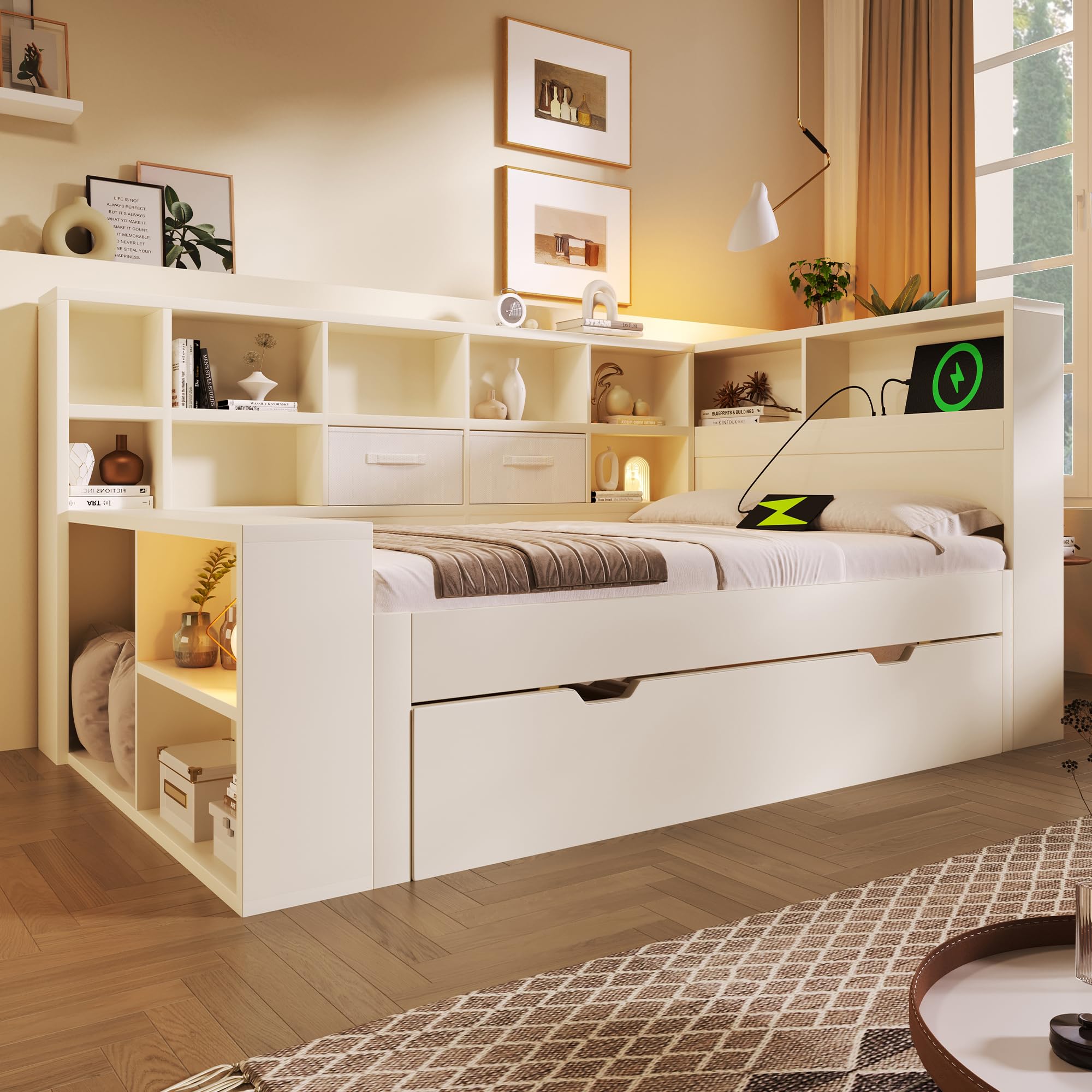 Cama individual juvenil de 90 x 200 cm, diseño que ahorra espacio con cama nido, estantes en 3 lados + estantería, 2 cajones, estructura de madera estable, sin colchón, blanco (90 x 200)