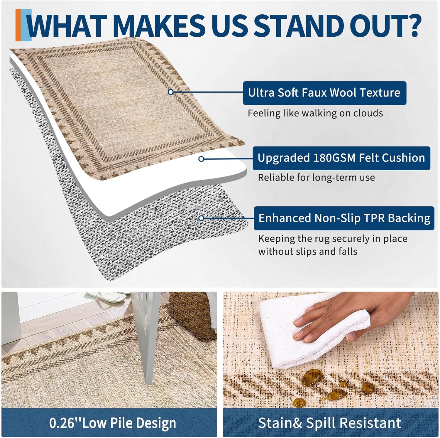 GlowSol Washable 5x7 Rug Living Room Rugs 5x7 Washable Neutral Soft Faux Wool Indoor Carpet, Non Slip & Non Shedding Modern Minimalist Rug for Bedroom Under Dining Table Home Office Decor, Taupe