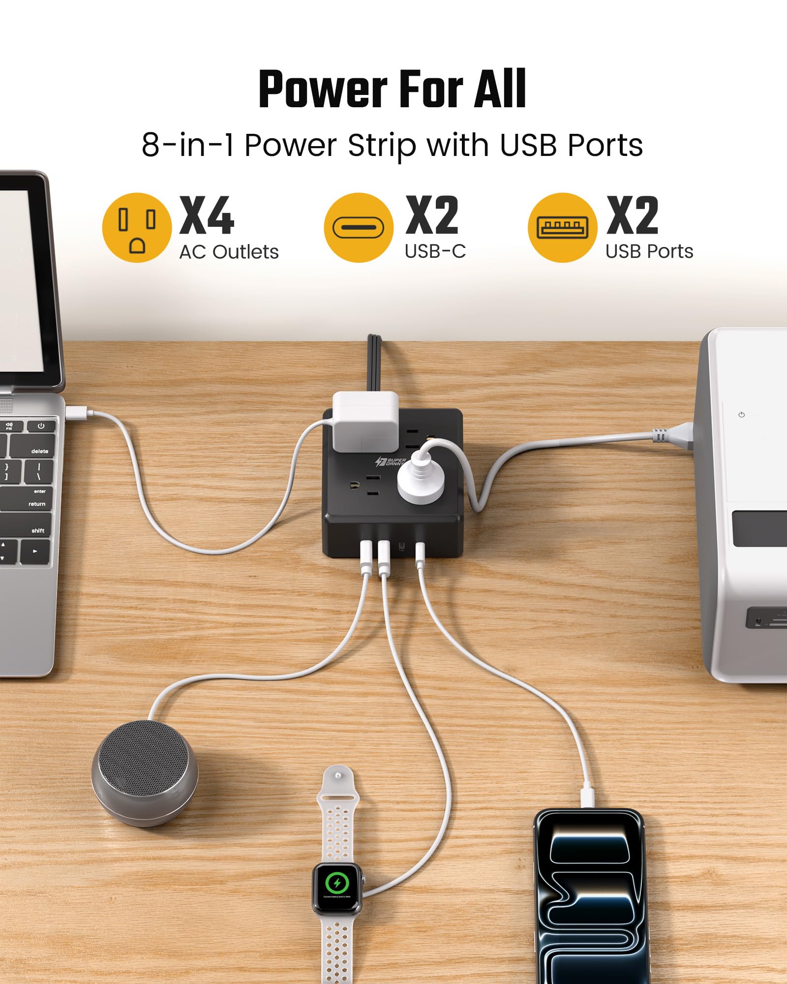 SUPERDANNY 5Ft Extension Cord, Flat Plug Power Strip Surge Protector — Amazon image 2