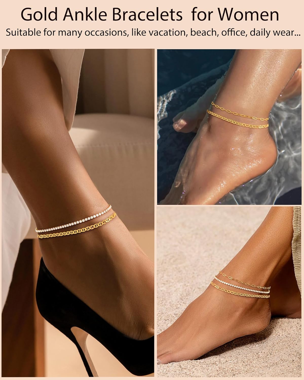 Gold Silver Ankle Bracelets for Women 14K Gold Plated Anklets for Women Waterproof Cuban Link Heart Chain Anklets Set Non Tarnish Dainty Layered Anklet Bracelets Summer Beach Jewelry - Image 5
