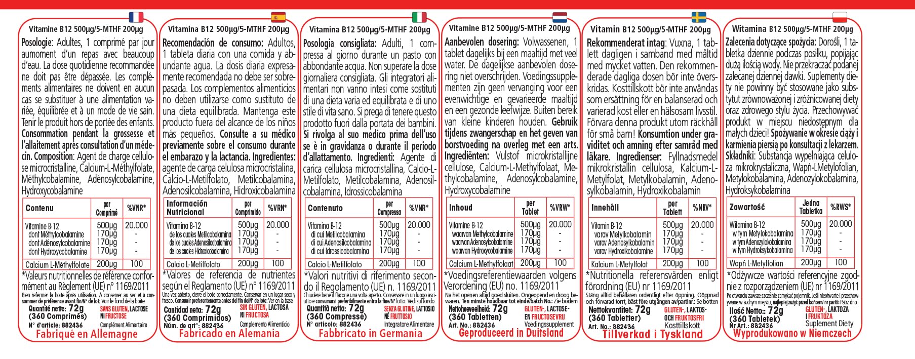 Vitamine B12 500μg 5-MTHF 200μg, 360 Comprimés, Méthylcobalamine, Acide folique actif, Hautement dosé, 100% Vegan, fabrication allemande & Tests en laboratoire, Premium et équitable