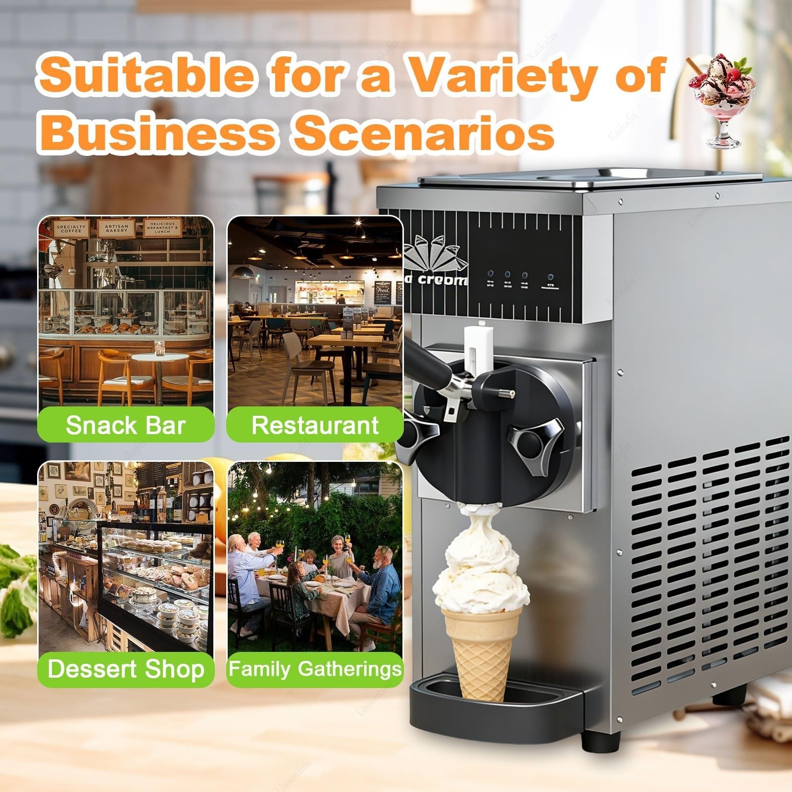 Komercyjna maszyna do lodów Soft Serve - panel LCD, automatyczne czyszczenie, chłodzenie wstępne, ekspres do lodów na blacie dla restauracji i sklepów z deserami