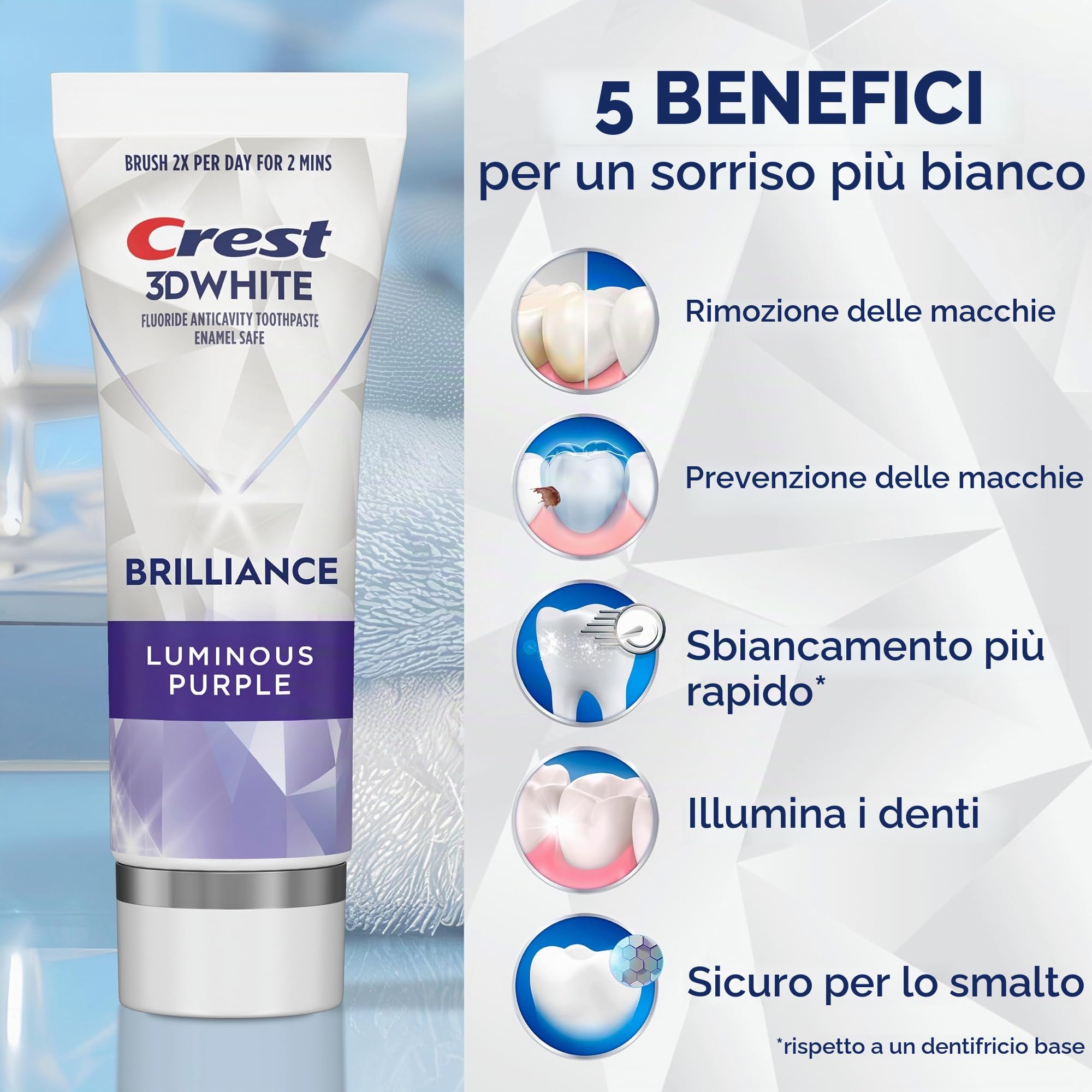 Crest 3D White Brilliance Luminous Purple, dentifricio sbiancante 3D, confezione da 3 da 4,6 once, dentifricio anticarie, con fluoro, combatte il 100% in più di macchie superficiali, prevenzione