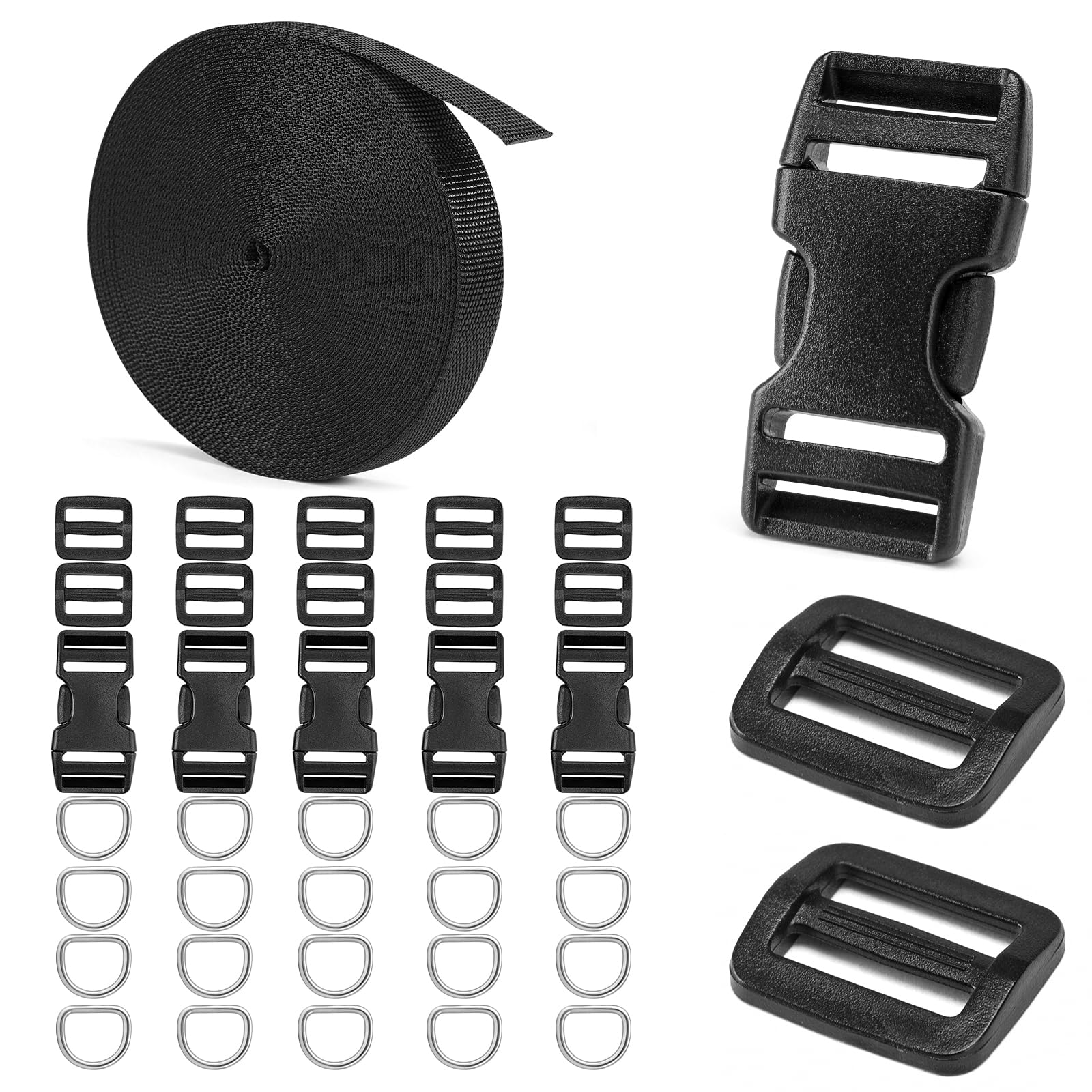 3/4 inch Plastic Buckles Webbing Straps Metal D Rings Comb Set