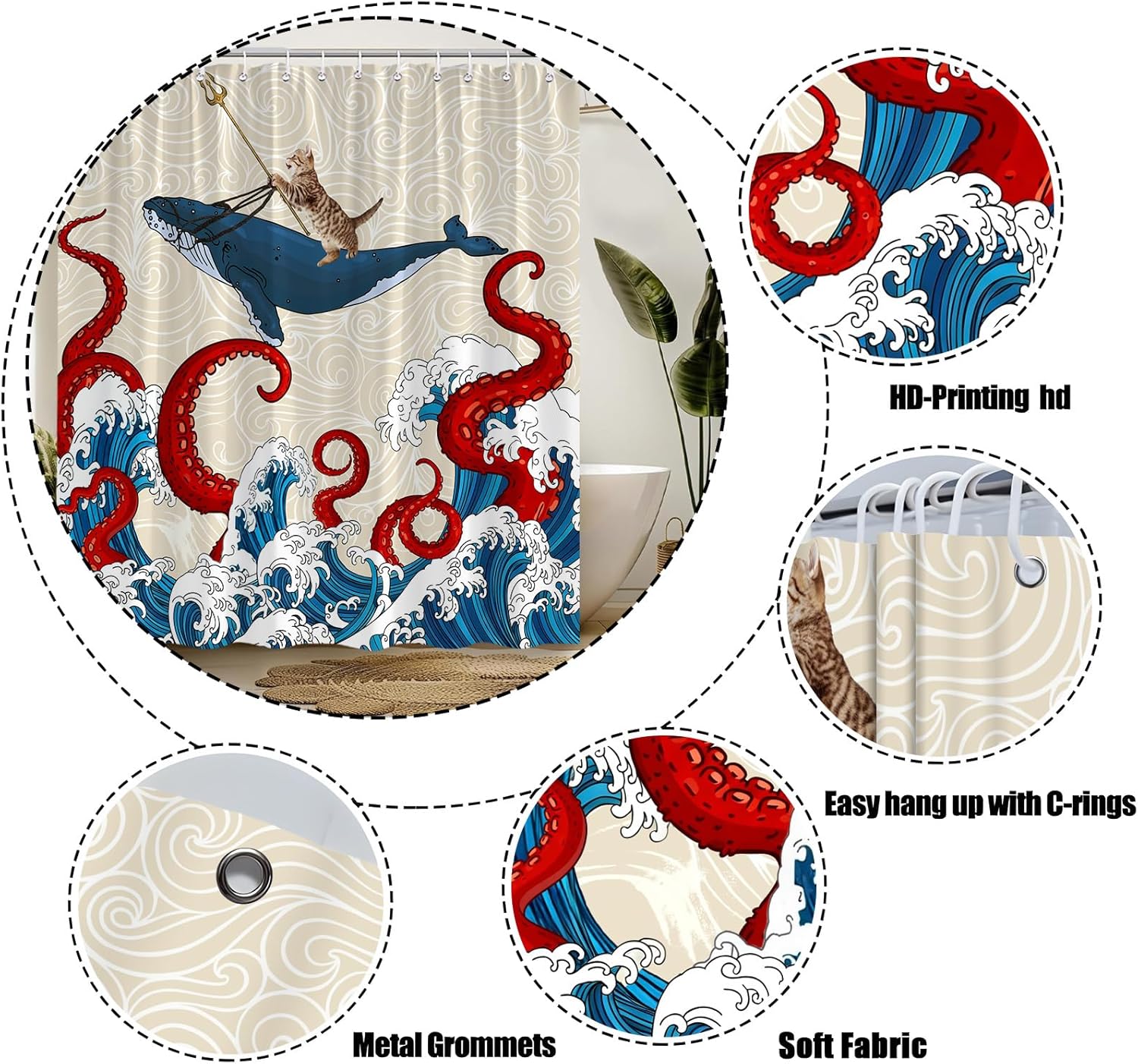 Nautical Octopus Shower Curtain Red Ocean Kraken Nautical Animal Octopus Tentacles Japanese Great Waves Funny Cat Whale Cool Marine Life Adventure Fabric Bathroom Decor Curtain with Hooks