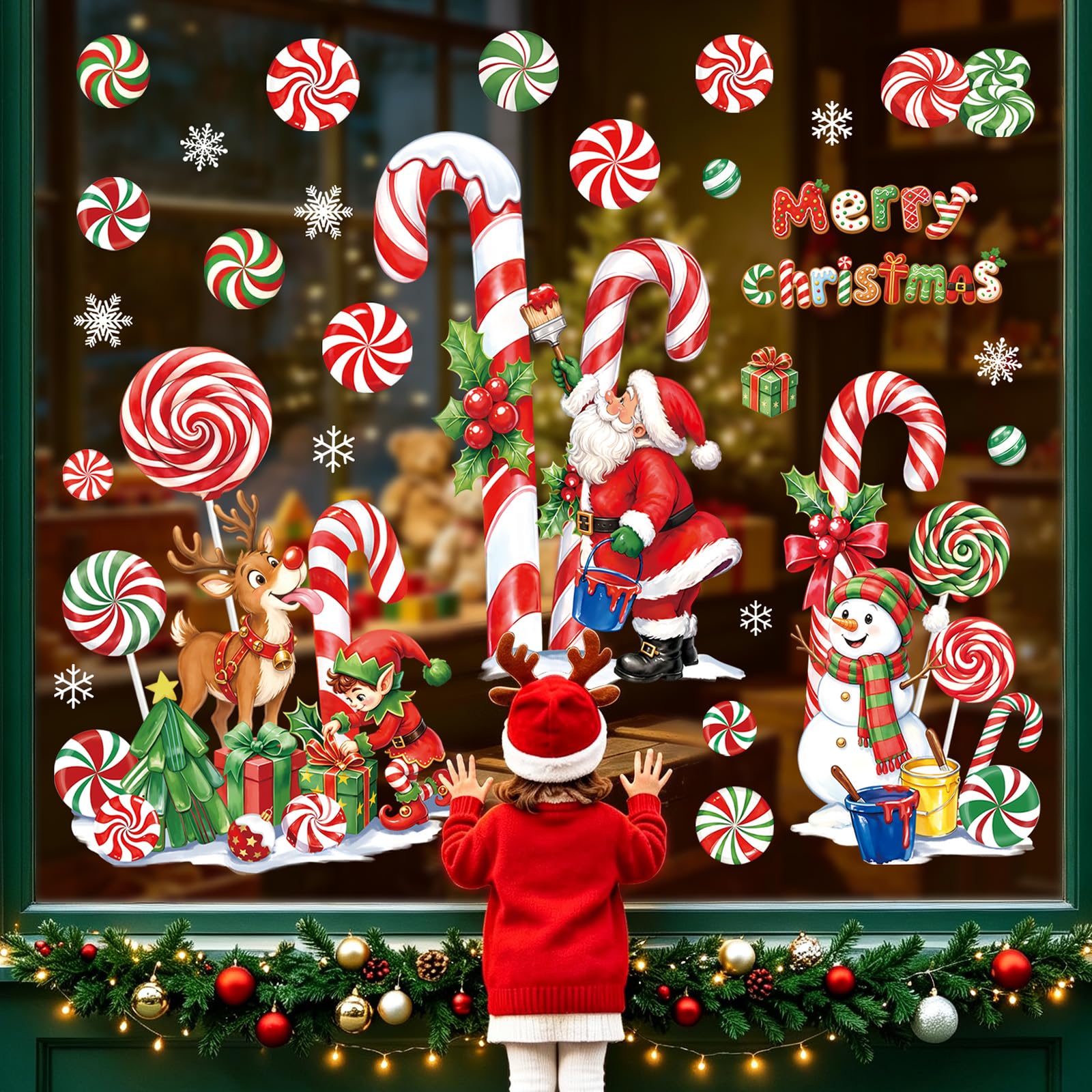 decalmile Window Clings Red Santa Claus Green Candy Cane Xmas Windows Decal
