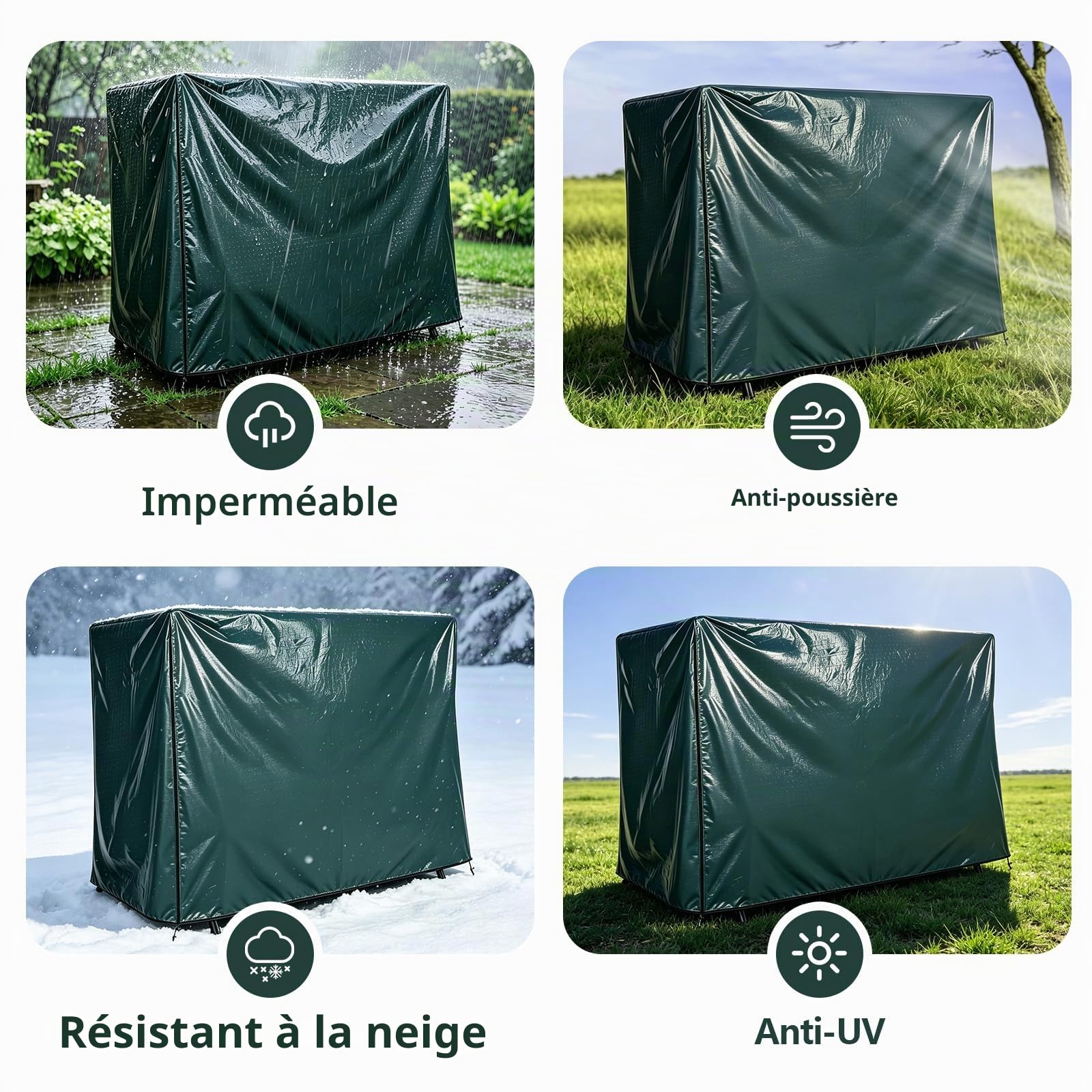 Housse pour balancelle, 3 places, 220 x 125 x 170 cm, grande, avec fermetures éclair, étanche, anti-poussière, vert,