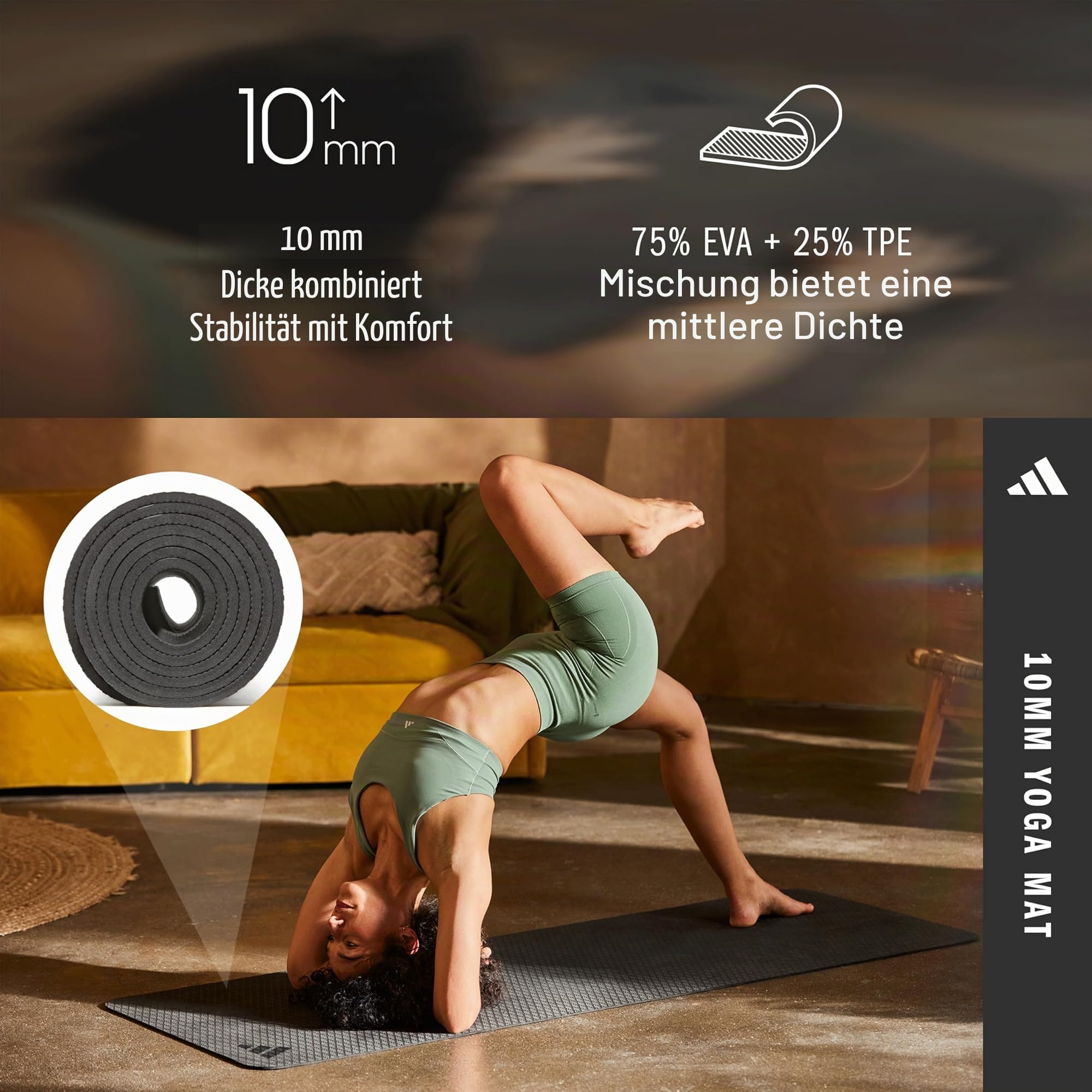 Adidas Yogamatte aus 50% recyceltem Material frei von PVC - rutschfeste und strukturierte Oberfläche (176 x 61 cm) für den perfekten Halt beim Yoga in 4mm / 6mm / 10mm