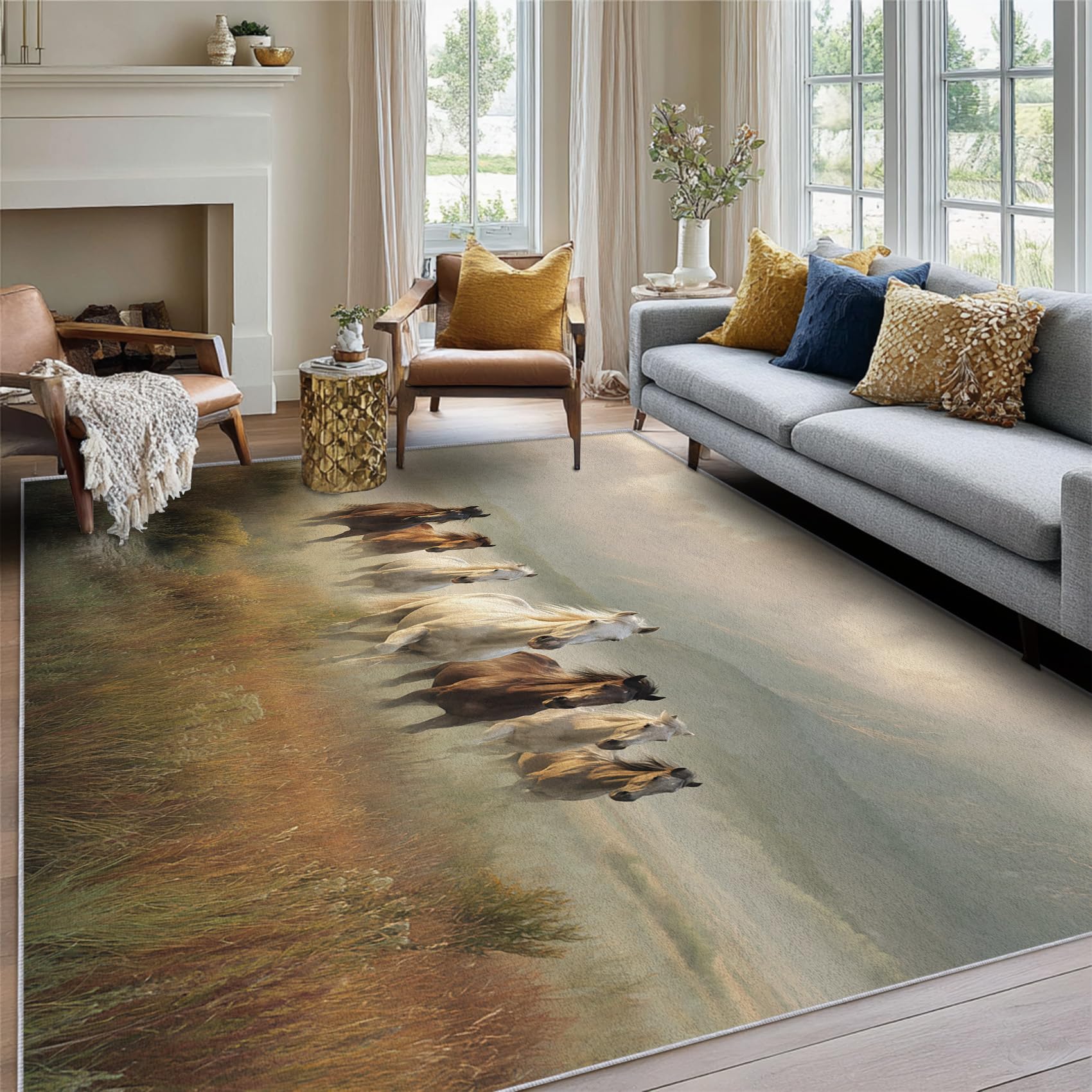 Générique Tapis Cheval, Tapis Salon Motif Chevaux au Galop 140x200 cm, Pile Courte, Antidérapant, pour Carpette Chambre, Descente de Lit, Lavable Interieur, Decoration Maison A(459)