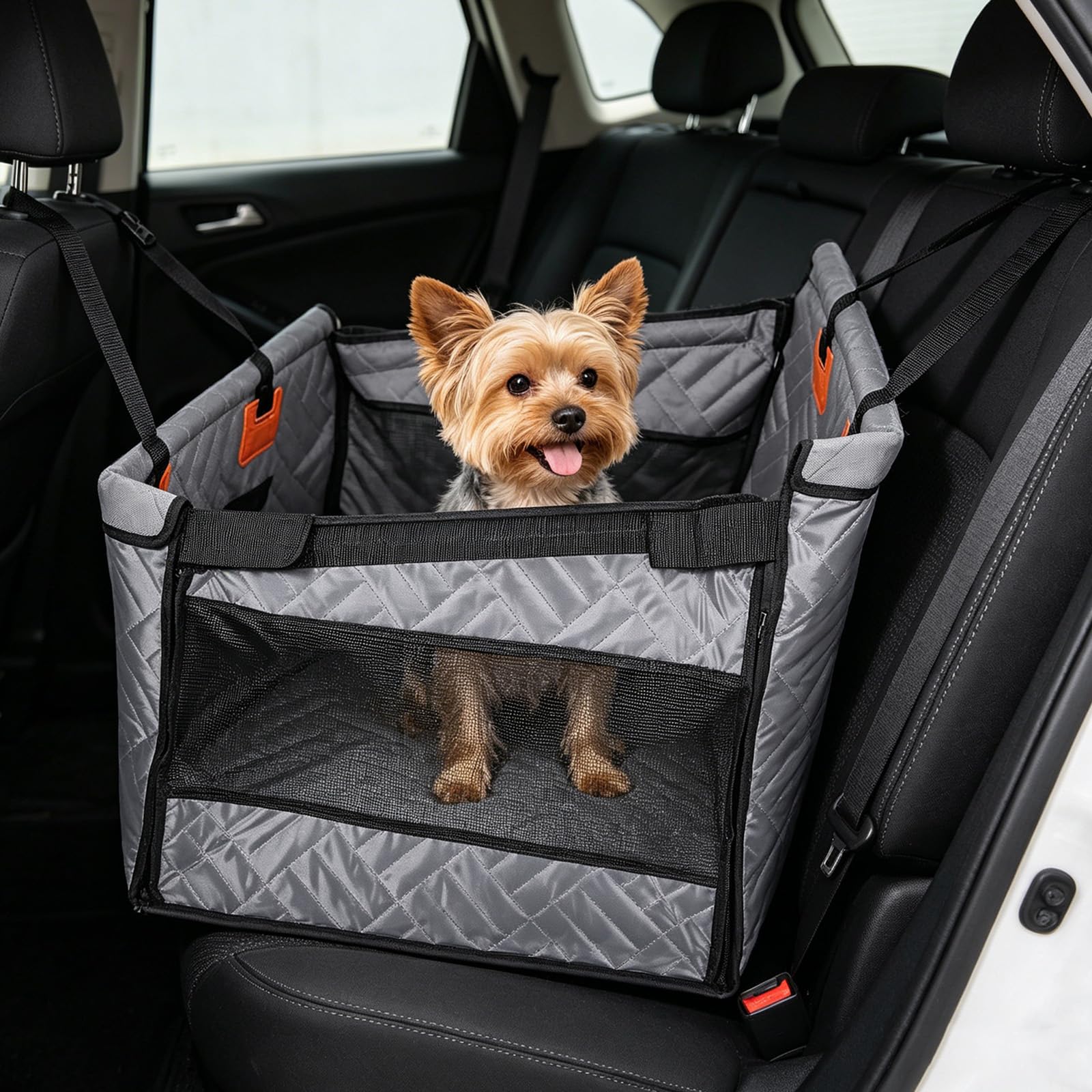 Perros Suelo Duro Asiento Individual, Asiento para Perros Reforzado Coche con Ventilación y Espacio de Almacenamiento, Impermeable Antideslizante Con Ventana de Red, Asiento para Perros Reforzado