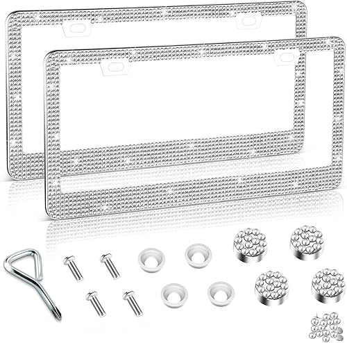 Amiss Marco de matrícula brillante para mujer, 2 unidades de diamantes de imitación hechos a mano de cristal de acero inoxidable de alta calidad,