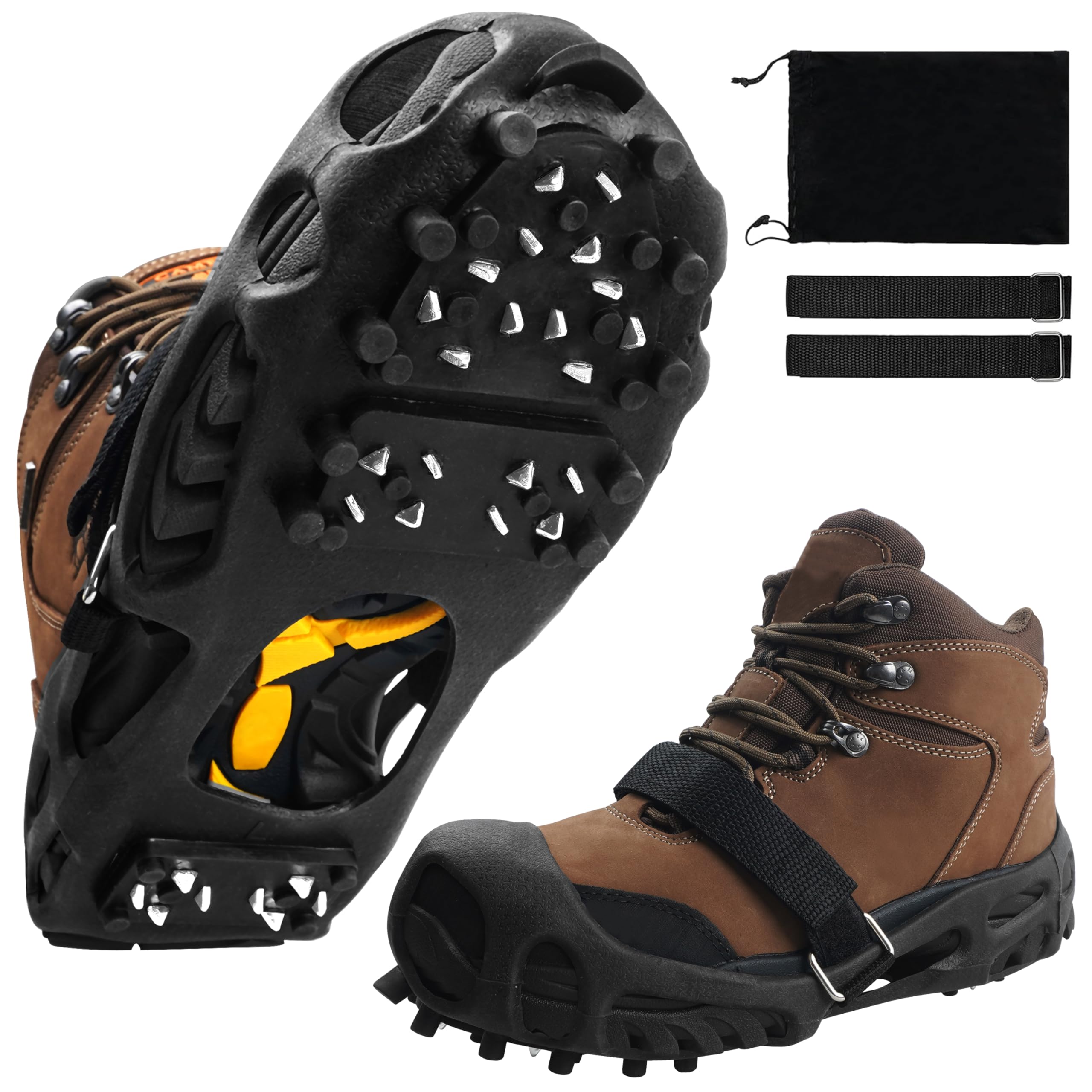 Tacchetti da ghiaccio per scarpe e stivali, antiscivolo, 28 tacchetti da neve, ramponi per donne e uomini, tacchetti da ghiaccio e neve con cinghie regolabili, per escursioni invernali, passeggiate