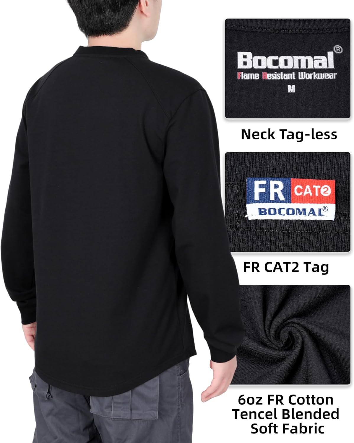 BOCOMAL FR Shirts Long Sleeve Crewneck Cotton Tencel Heather Blended Flame Resistant Work T Shirt CAT2 - Image 6