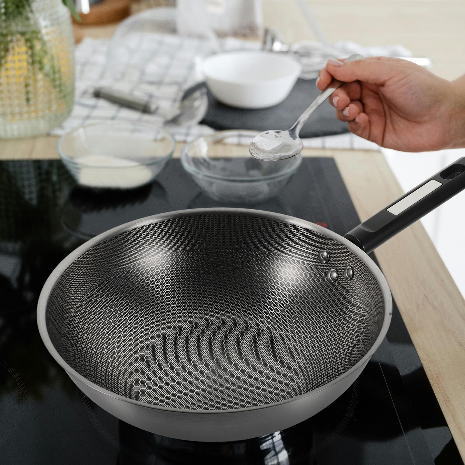 POPETPOP Padella per Antiaderente in Acciaio Inossidabile e Impugnatura Confortevole Fondo Piatto a Nido D'ape, Manico Ergonomico Cucina Quotidiana