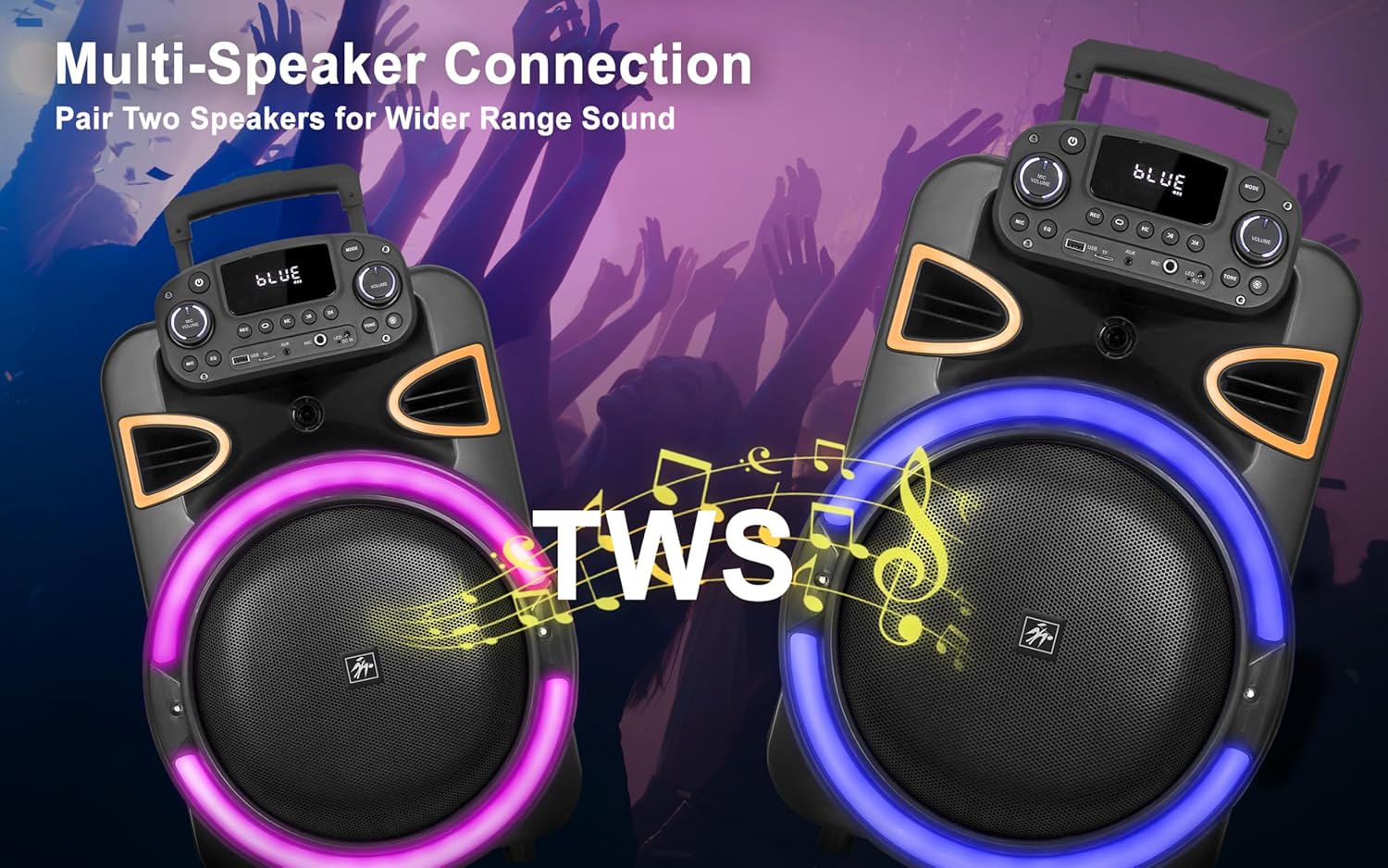 Fisher Bluetooth PA Stereo Speakers System-Karaoke Portable Wireless DJ, 15" 80W Peak Power, Loud HD Sound & LED Lights, Rechargeable, TWS, Equalizer, MIC Input, FM Radio, Indoor/Outdoor Party
