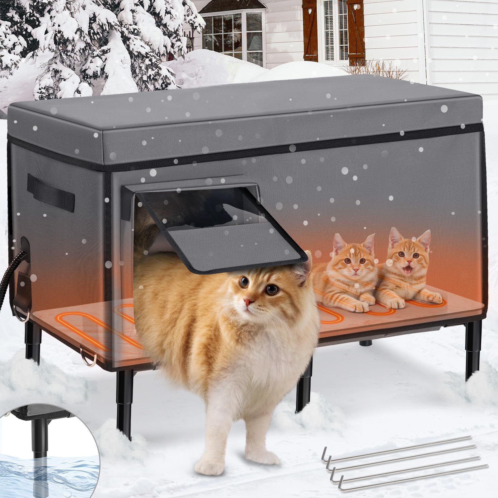Gimars Upgrade Large Heated Cat House for Outside Winter, with Heating Pad Outdoor Cat House Waterproof, 5.1" Elevated Stray Cat Shelter, Foil