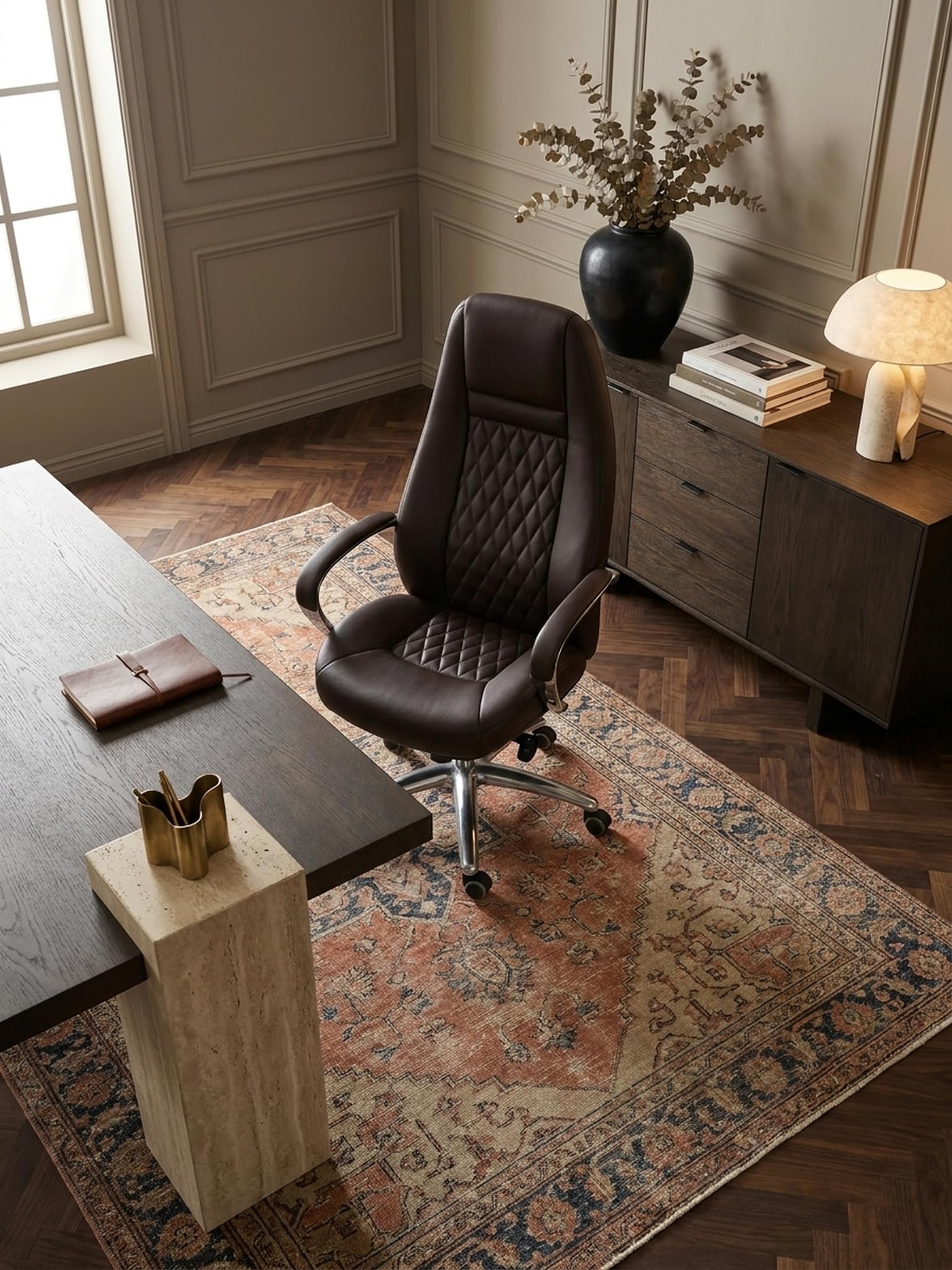 Austin Chaise de bureau en cuir véritable marron 120 kg Fauteuil de bureau à dossier haut avec appui-tête X-XL