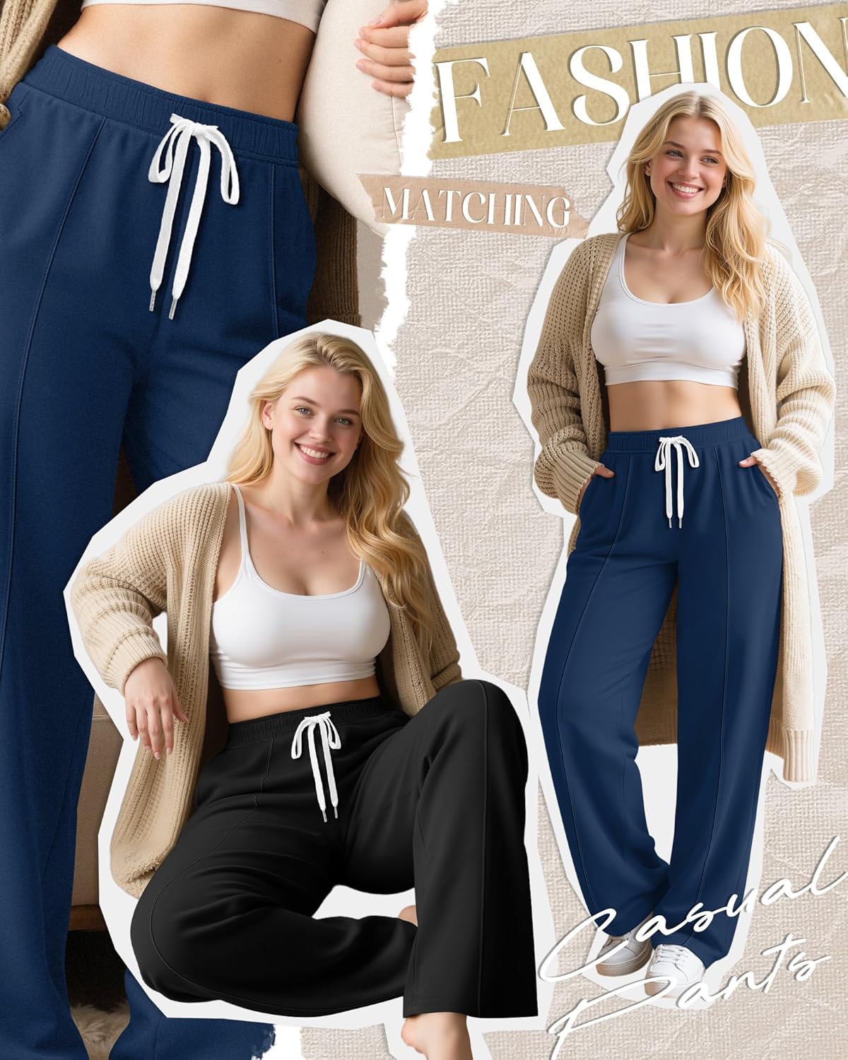 Neer 3 Pack Women Plus Size Wide Leg Sweatpants, Elastic Waist Drawstring Baggy Pants Causal Athletic Bottom with Pockets(Dark Fuchsia, Haze Blue, Black,X-Large) - Image 2