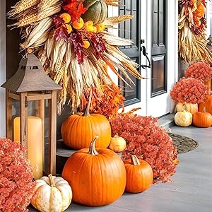 Lcuasc 10 Bundles Artificial Fall Mums with Eucalyptus, Faux Morning Glory UV Resistant Outdoor Decor - Autumn Orange Flowers for Front Door Porch Planter, Patio, Thanksgiving Christmas(Orange)