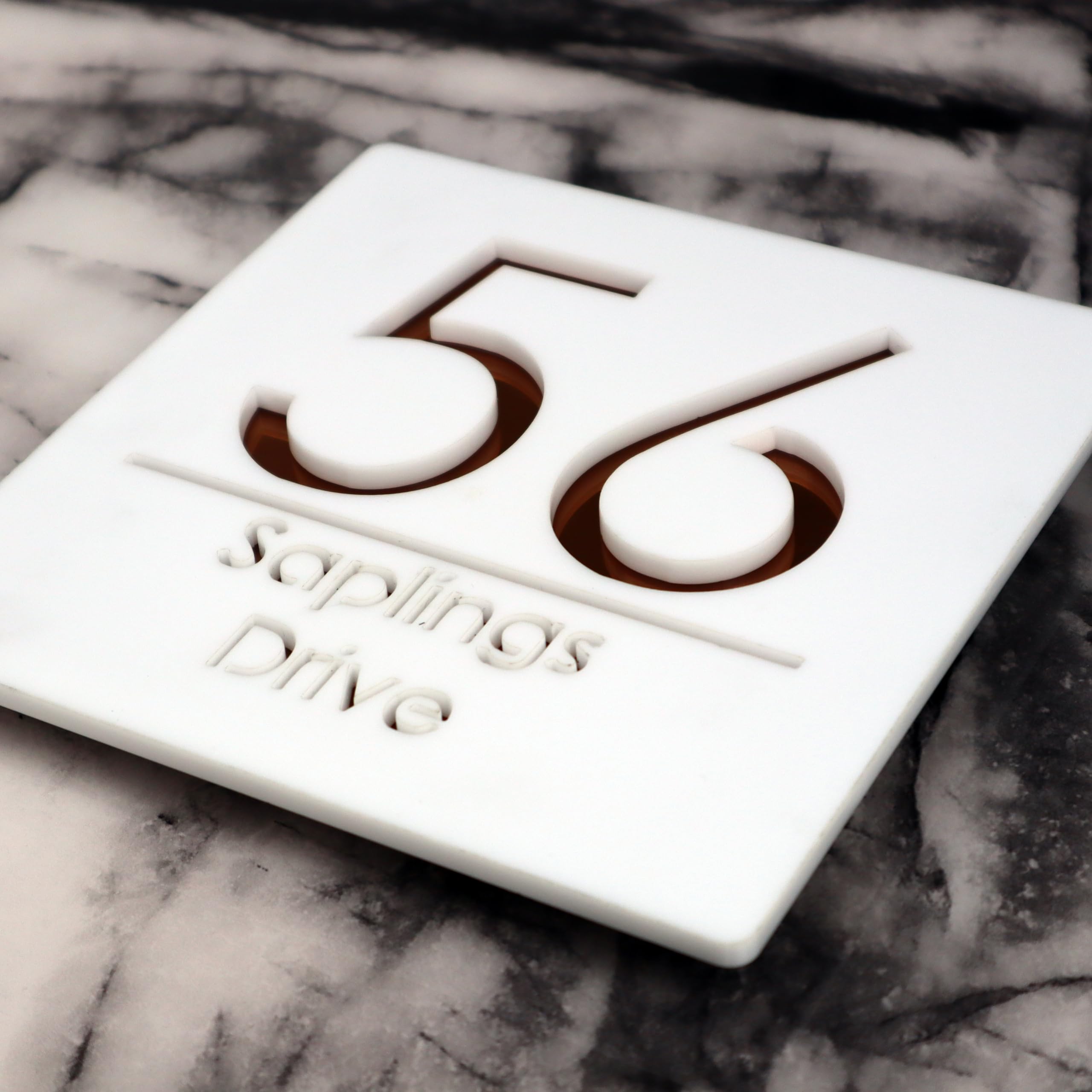 K Smart Sign | Bellissima S1 F31 | 180mm x 180mm | Acrylic 3d Laser Cut Contemporary house sign door number plaque address signs with Mirror and Marble Numbers (Matt White & Copper Mirror)
