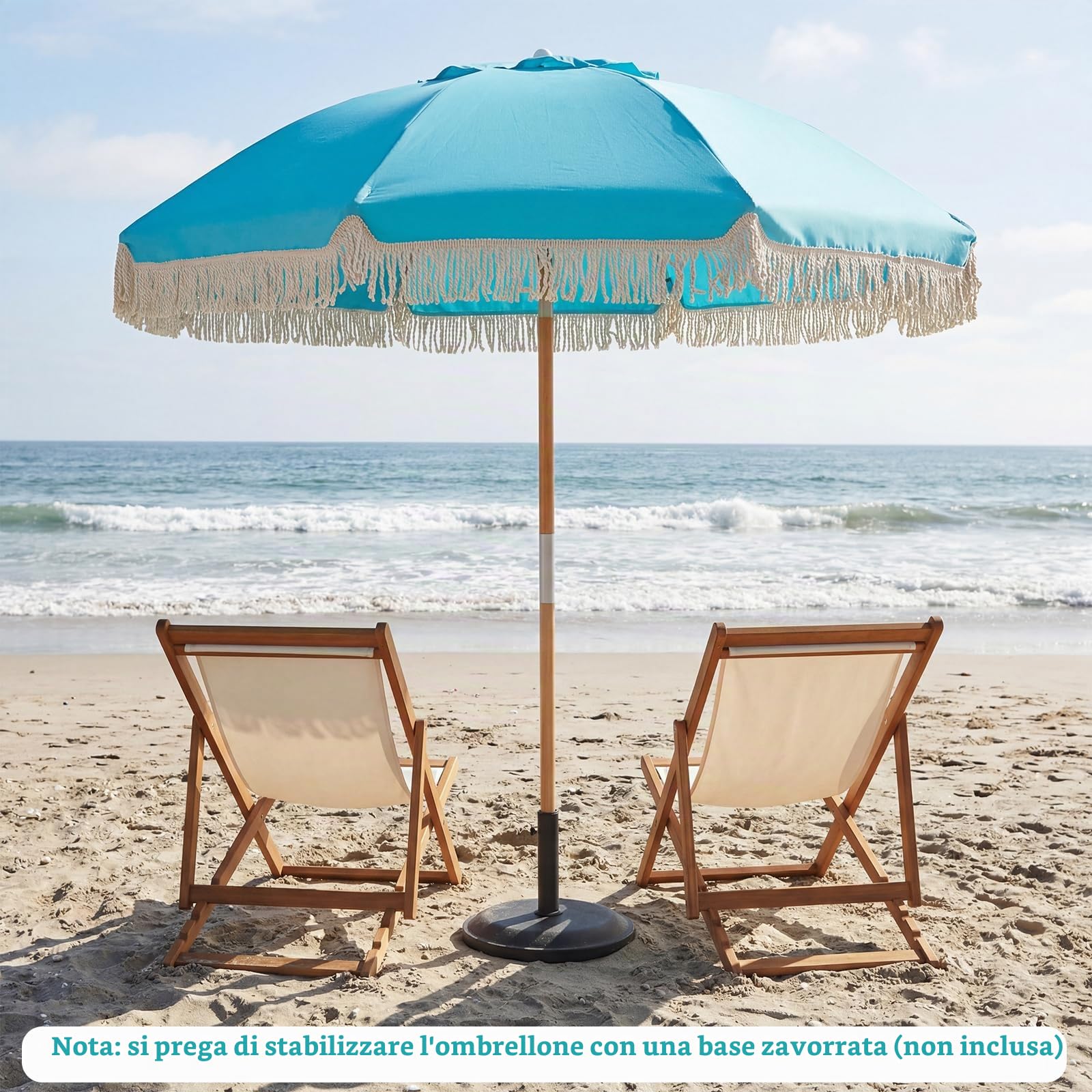 FANTASK Ombrellone 170 cm, ombrellone da spiaggia boho con frange, pieghevole su entrambi i lati di 30°, in legno, terrazzo, per giardino, balcone, terrazza (blu)