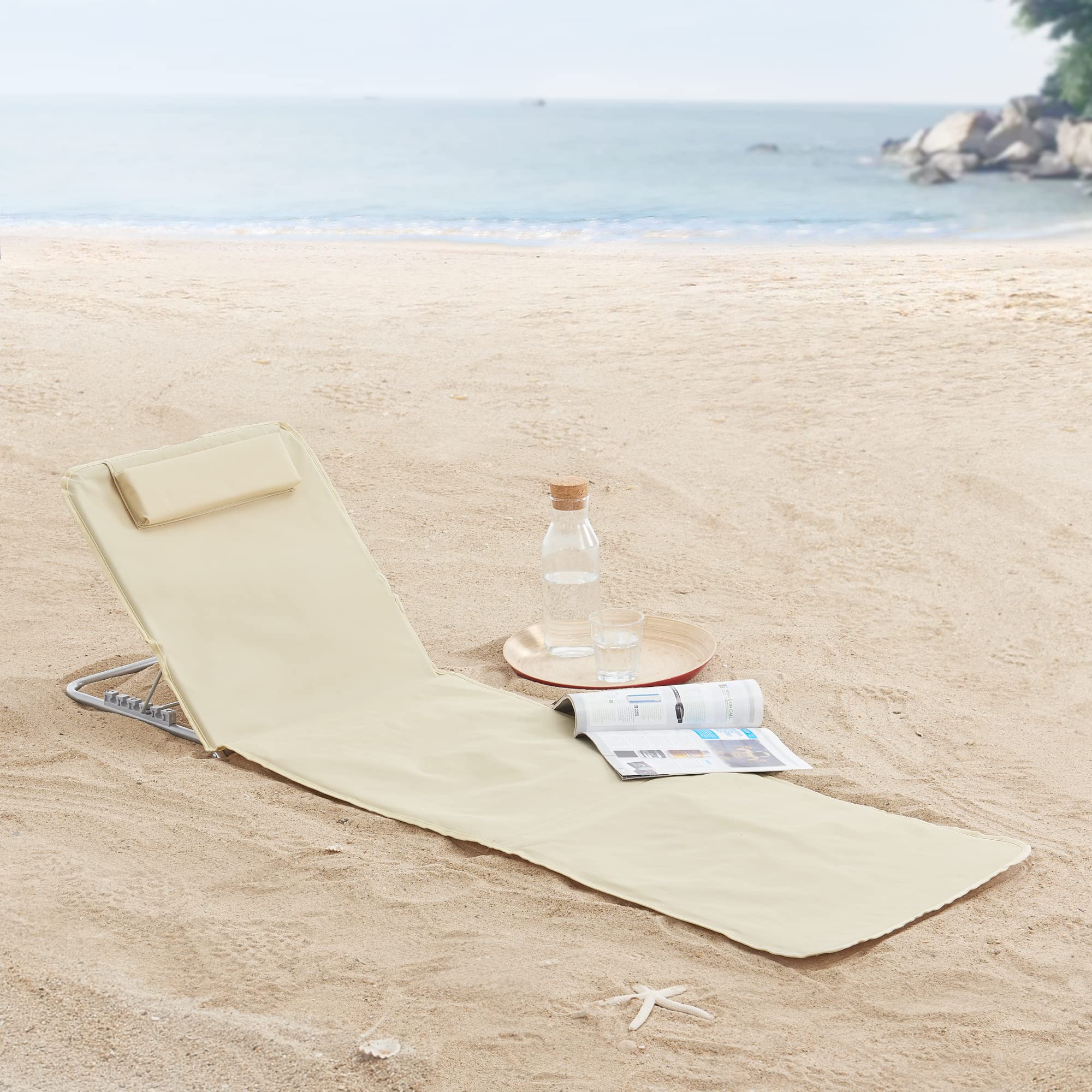 [en.casa] Set 2 Materassini Prendisole Pieghevoli Schienale Reclinabile 5 Posizioni Poggiatesta Tasca Posteriore Lettini per Spiaggia Giardino Campeggio con Borsa Trasporto - Beige